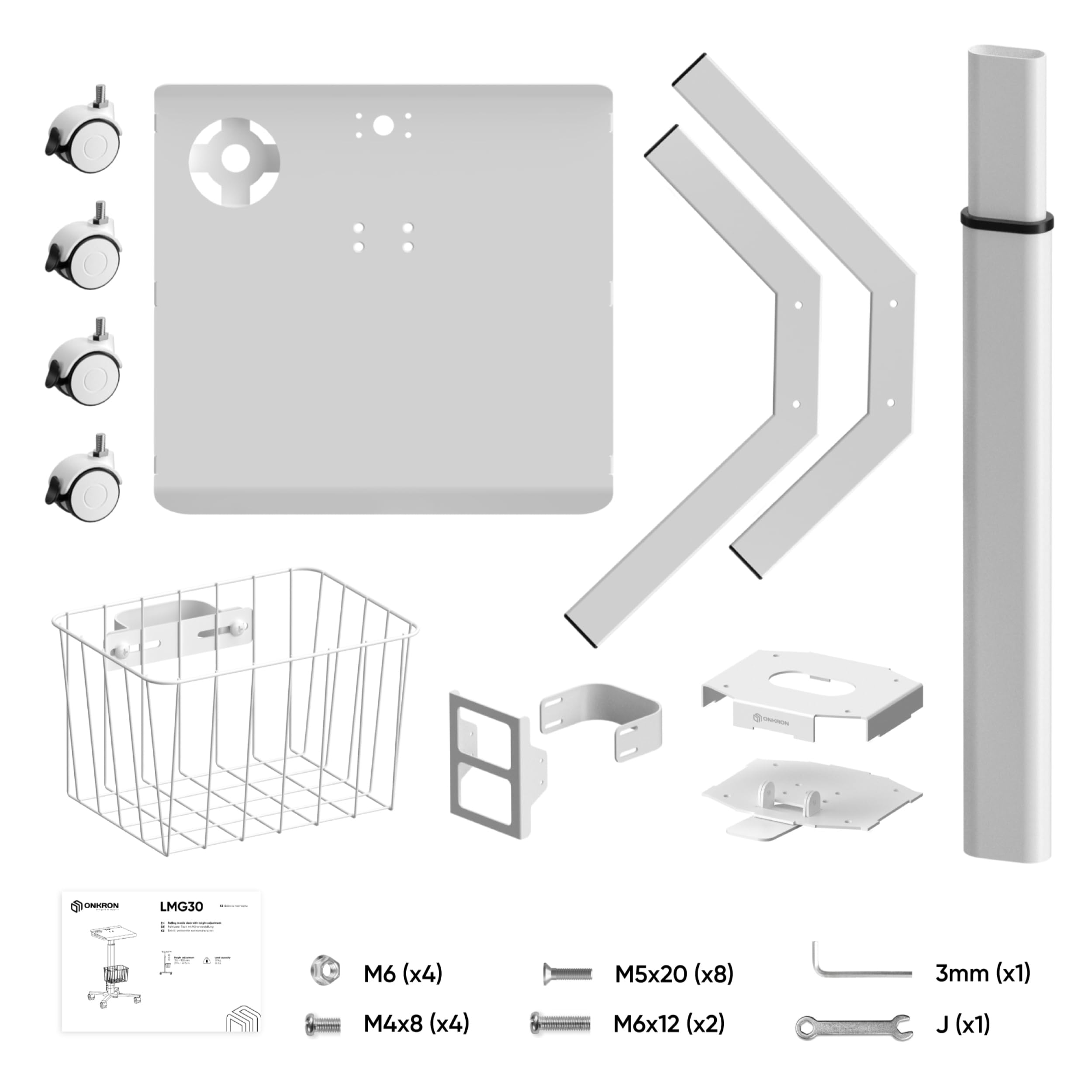 ONKRON Petit Bureau roulettes Charge Optimale 8 kg, Table Roulante pour Lit Medicale, Poste de Travail Réglable en Hauteur, Table Ordinateur Portable, Bureau Petit Espace avec Rangement Blanc LMG30-W