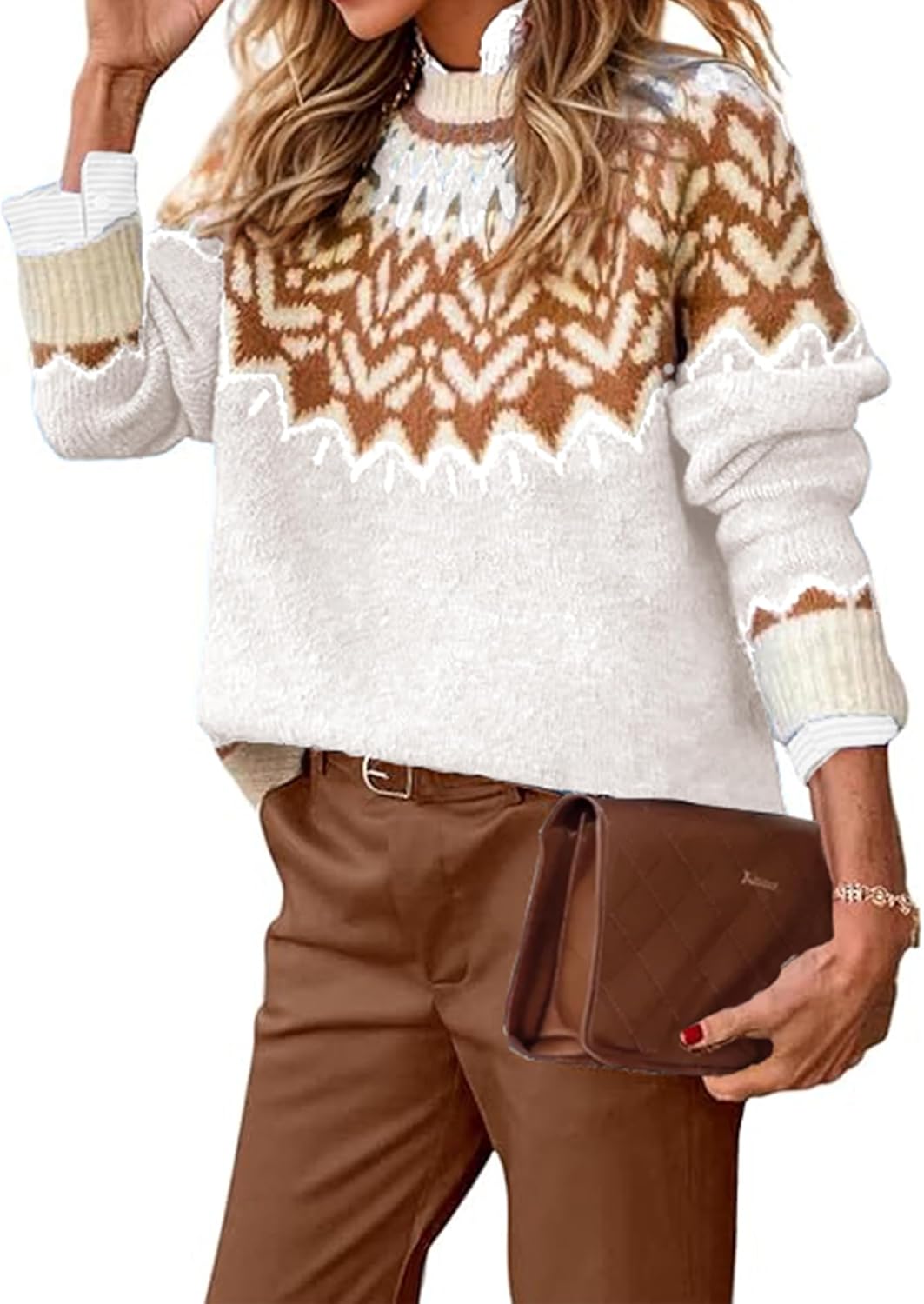 EARKOHA Women's Casual Mock Neck Ribbed Sweater Pullover 2026 Fall Long Sleeve Print Fair Isle Sweater Top