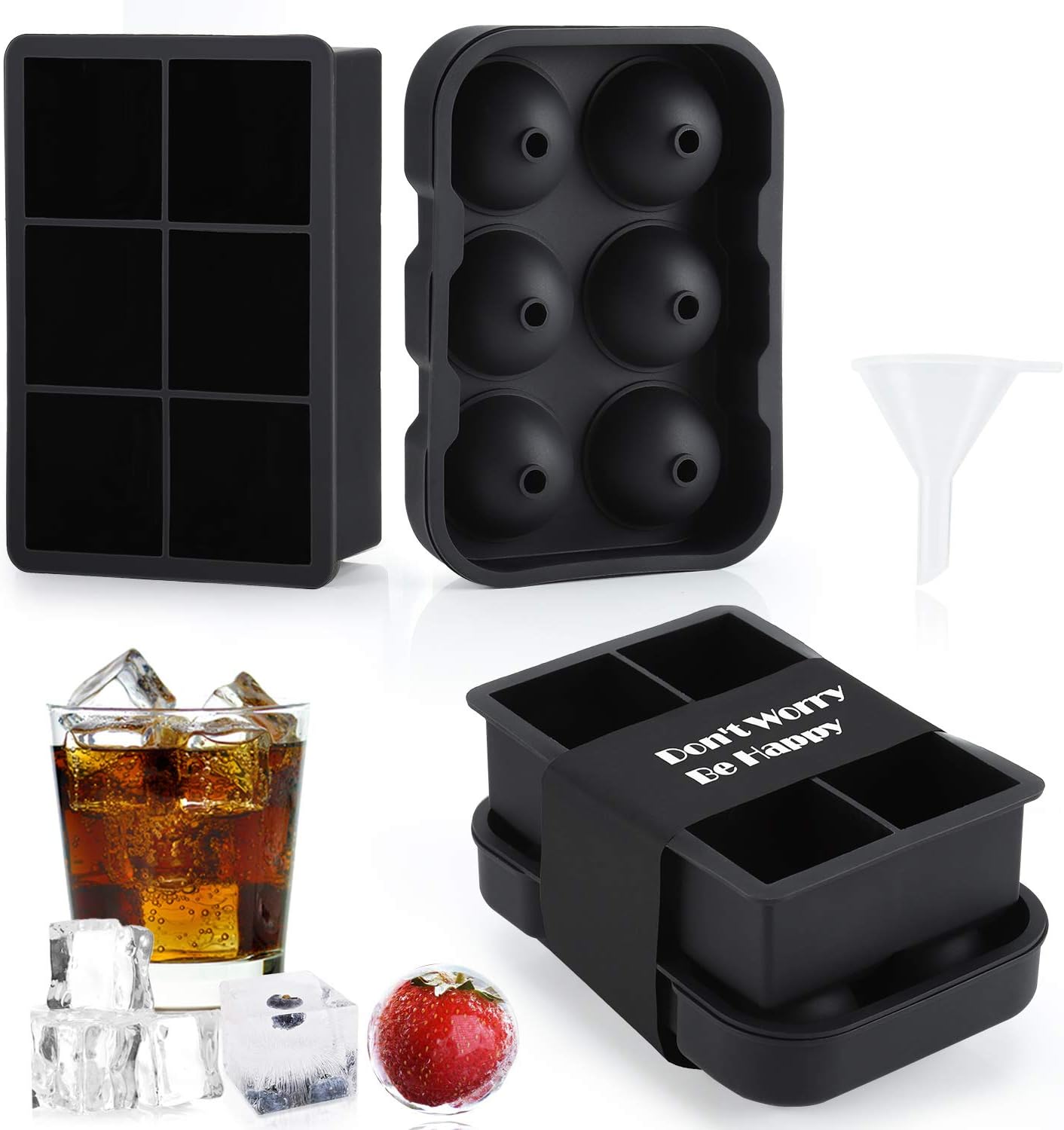 Elfii 2 Pack Ice Cube Trays, Silicone Sphere Whiskey Ice Ball Maker Easy Release Large Square Ice Cube Molds for Cocktails Bourbon Beverages Juice- Reusable & BPA Free for Chocolate Cake Jerry Pudding