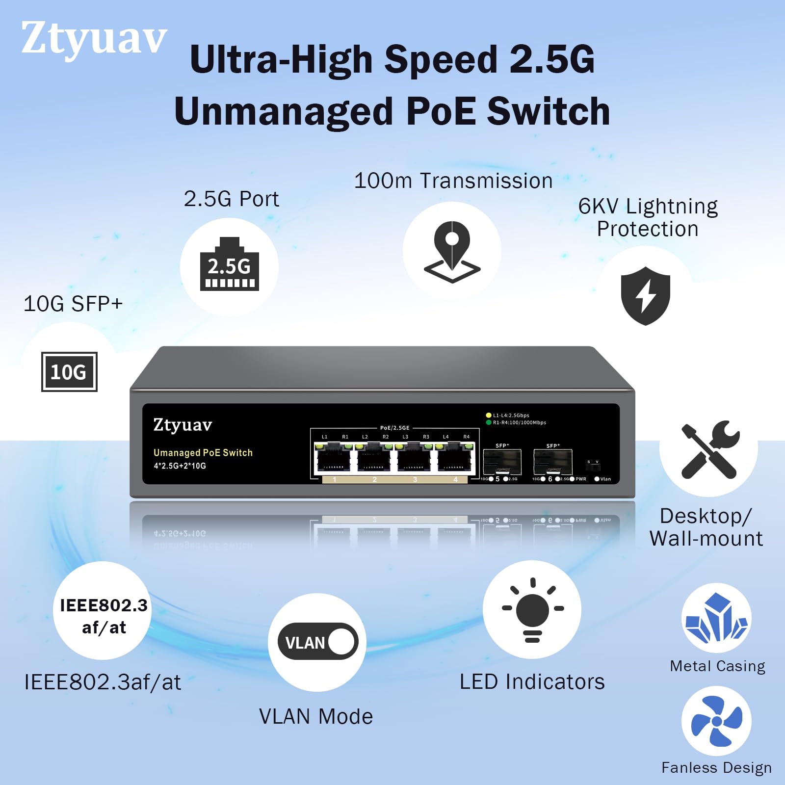 Switch PoE non gestito a 6 porte con 4 porte PoE+ da 2,5 G a 75 W, 2 x 10 G SFP+, compatibile con IEEE802.3af/at, negoziazione automatica della velocità delle porte, VLAN a un tasto, Plug