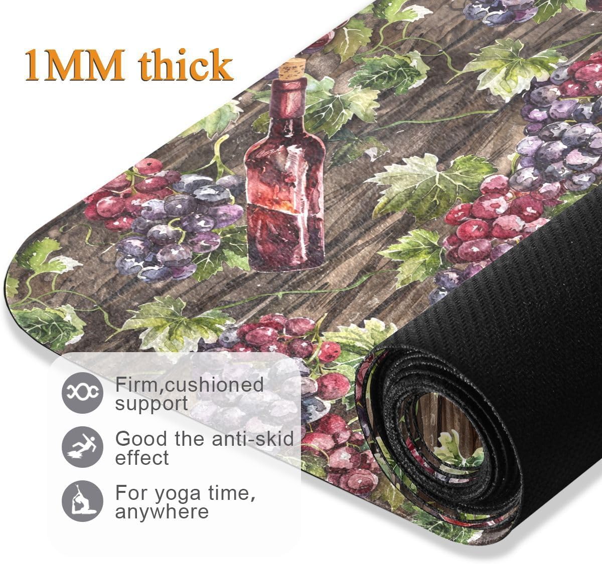 ALAZA Watercolor Red Wine Bottle Wooden Grapes Seamlss Yoga Mat Non Slip Fitness Exercise Mat, Workout Mat for Yoga, Pilates and Floor Exercises