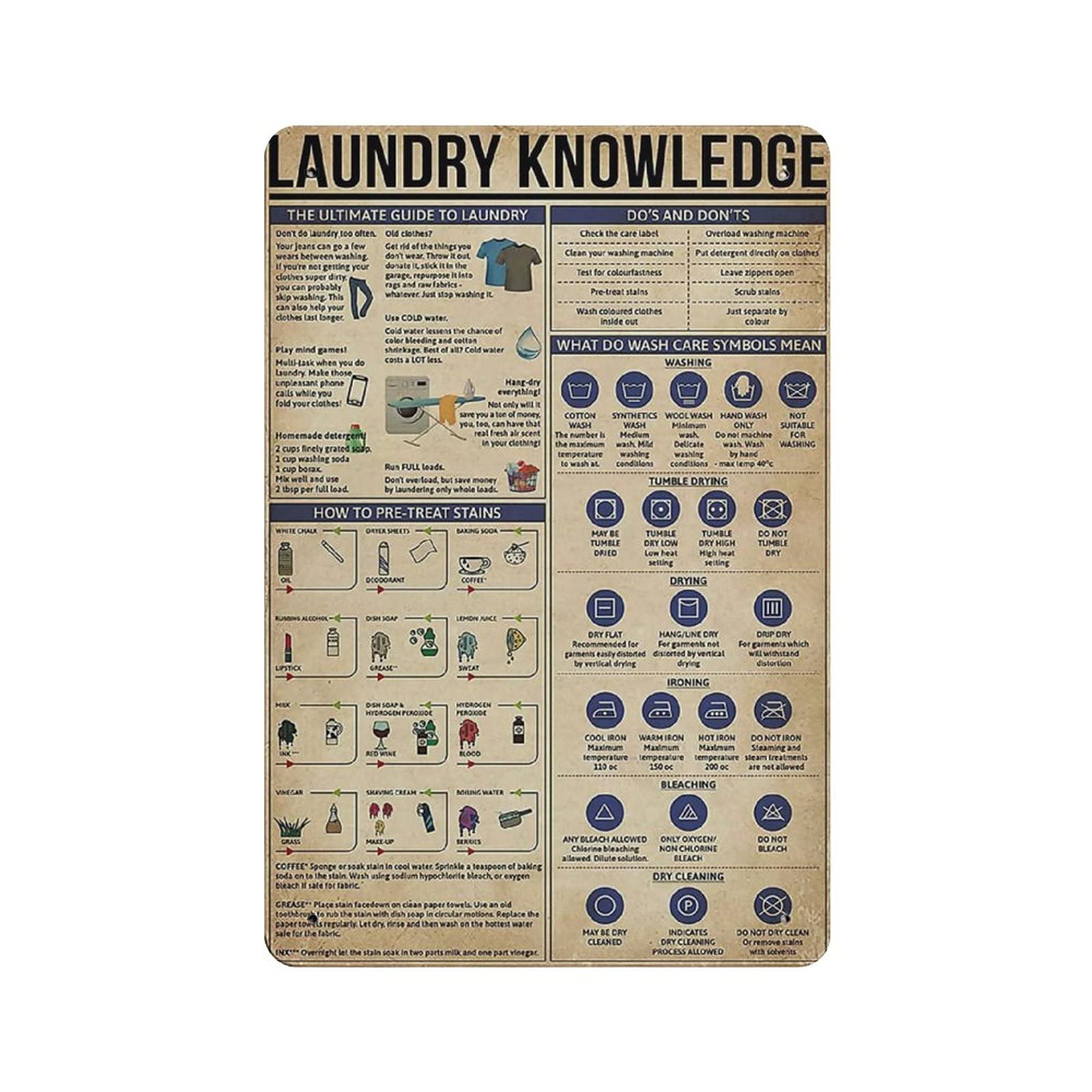 rayprint Laundry Knowledge Tin Sign Metal Plaque Art Hanging Iron Painting Retro Home Kitchen Garden Garage Wall Decor 12"x8"