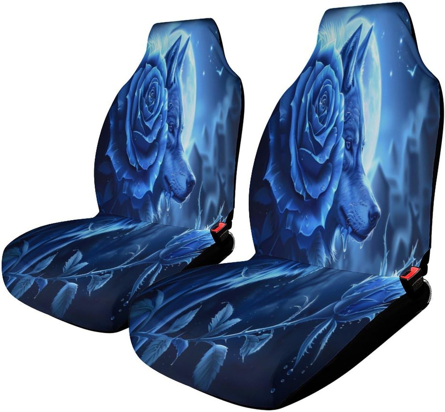 Blue Flower Rose Howling Wolf Car Seat Covers Automotive Seat Covers Car Seat Protector Auto Front Seats Protector for Most Cars 2PCS