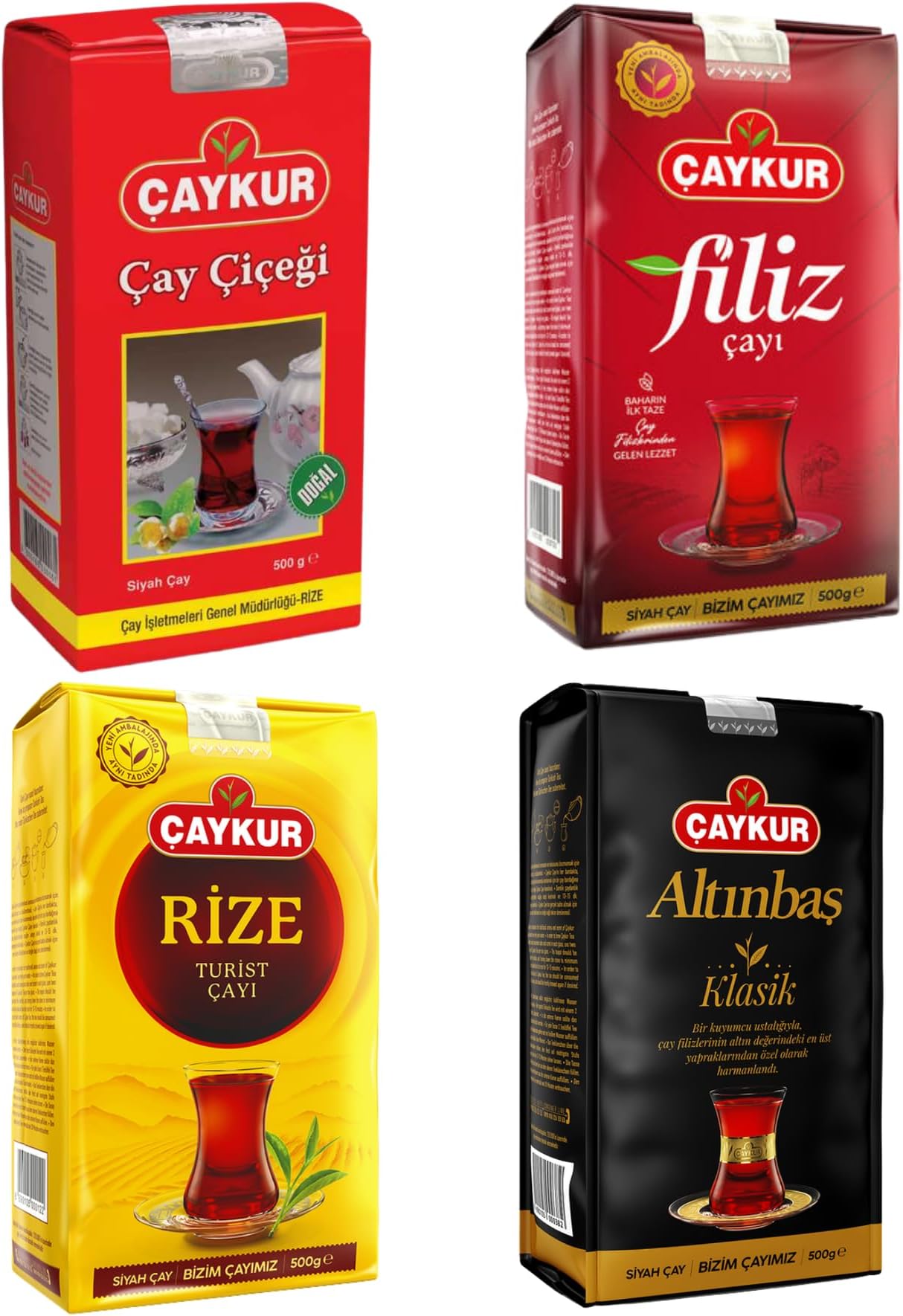 ÇAYKUR Premium Turkish Black Tea Bundle, Filiz, Caycicegi, Altinbas & Rize, Traditional Loose Leaf Black Tea, Set of 4 each 500g / 17.6 Oz