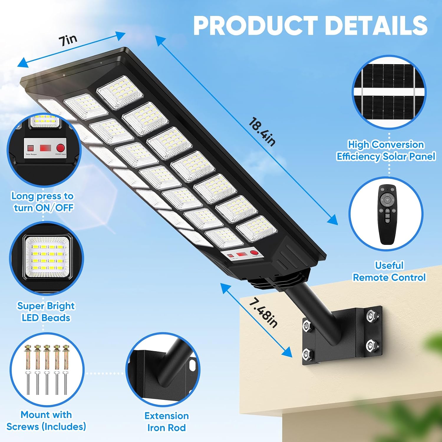 Brightever Solar Street Lights Outdoor, 8500K Waterproof Motion Sensor Solar Powered Flood Lights with Remote Control, Dusk to Dawn Parking Lot Lights for Outside,Yard, Garden, 2-Pack