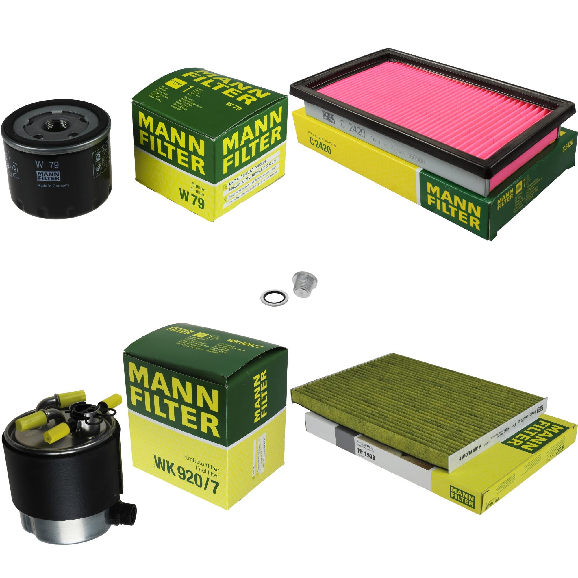 Paquete de inspección Kit de mantenimiento de filtros con filtro de aceite W 79, filtro de aire C 2420, filtro de combustible WK 920/7, filtro de habitáculo FP 1936, tornillo de cierre