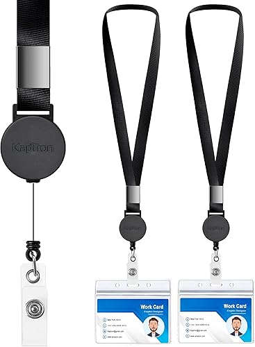 Cordón con soporte para tarjetas de identificación (paquete de 2)  Cordón plano de poliéster de 20 pulgadas con carrete retráctil y soporte