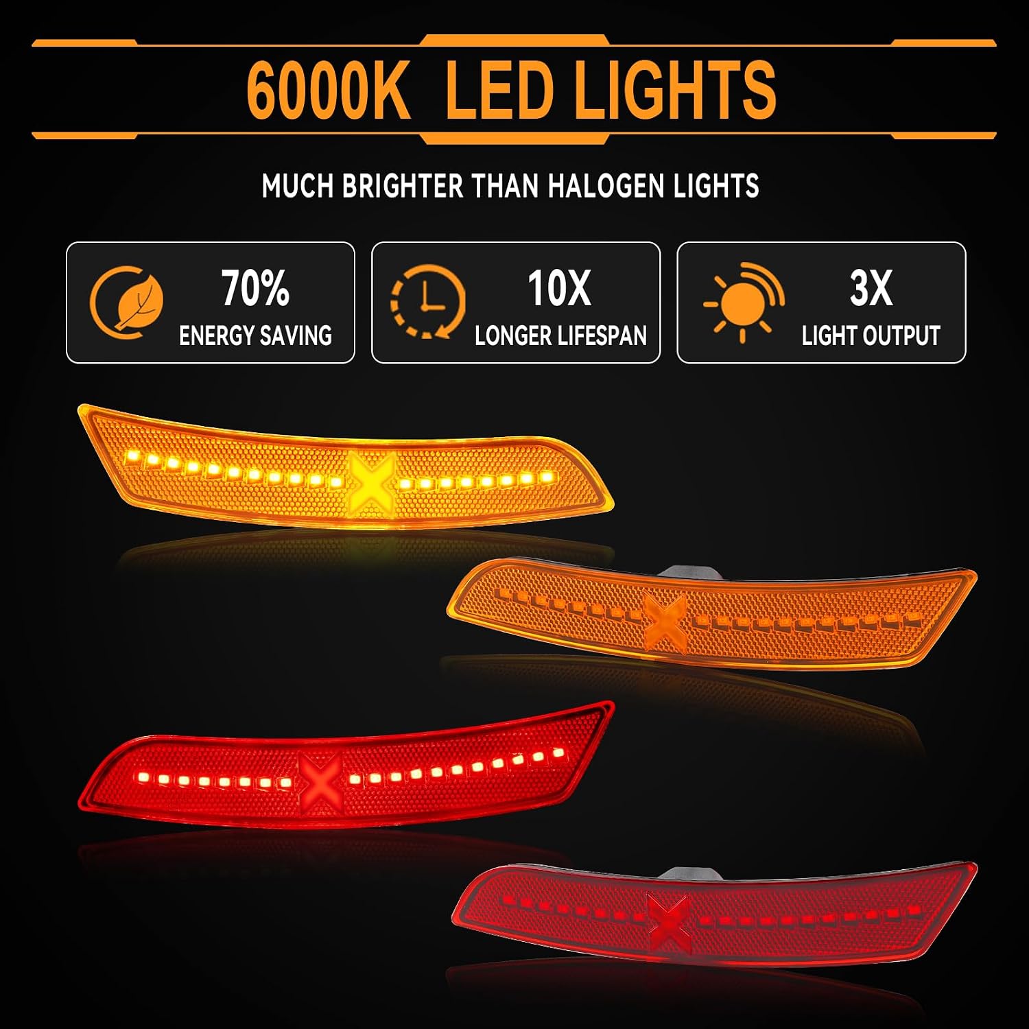 LED Side Marker Lights for 2016-2023 Chevy Camaro, Front & Rear Bumper Fender Marker Lamps XStyle Light Beam [Patent Pending], Bumper Side Marker, Red & Amber Lens 4PCS