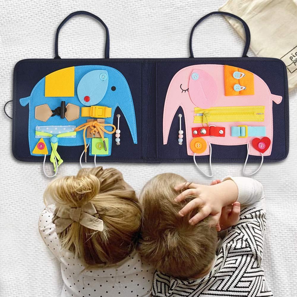 FUNNY SUPPLY Toddler Busy Board - 16 Sensory Toys for Fine Motor Skills - Montessori Basic Skills Educational Learn to Dress Latches Toy, Elephant Board Soft Foldable Travel Board, Car Airplane