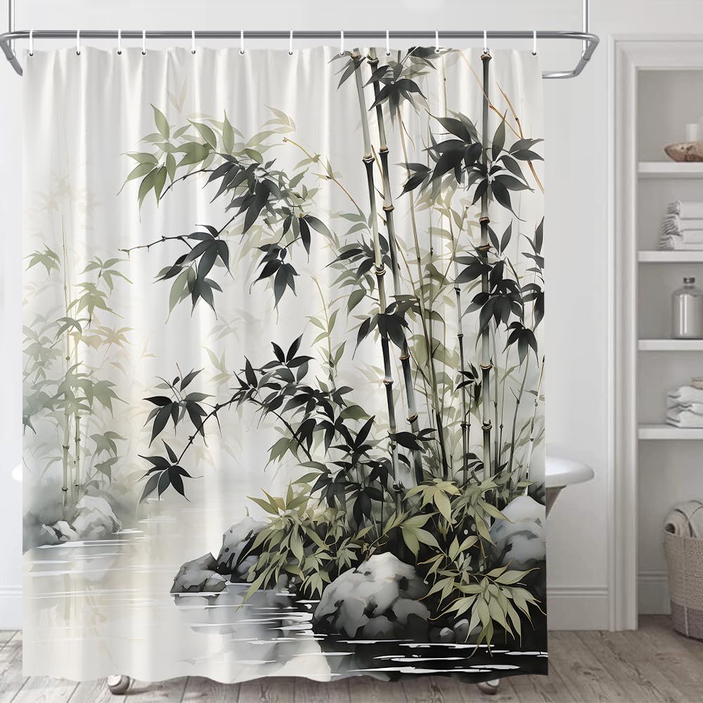 Asian Shower Curtain Vintage Japanese Ink Painting Green Bamboo Plant Leaf Water Pond Stone Zen Spa Relaxing Rustic Wild Nature Botanical Spring Scenic Fabric Bathroom Curtains with Plastic Hooks