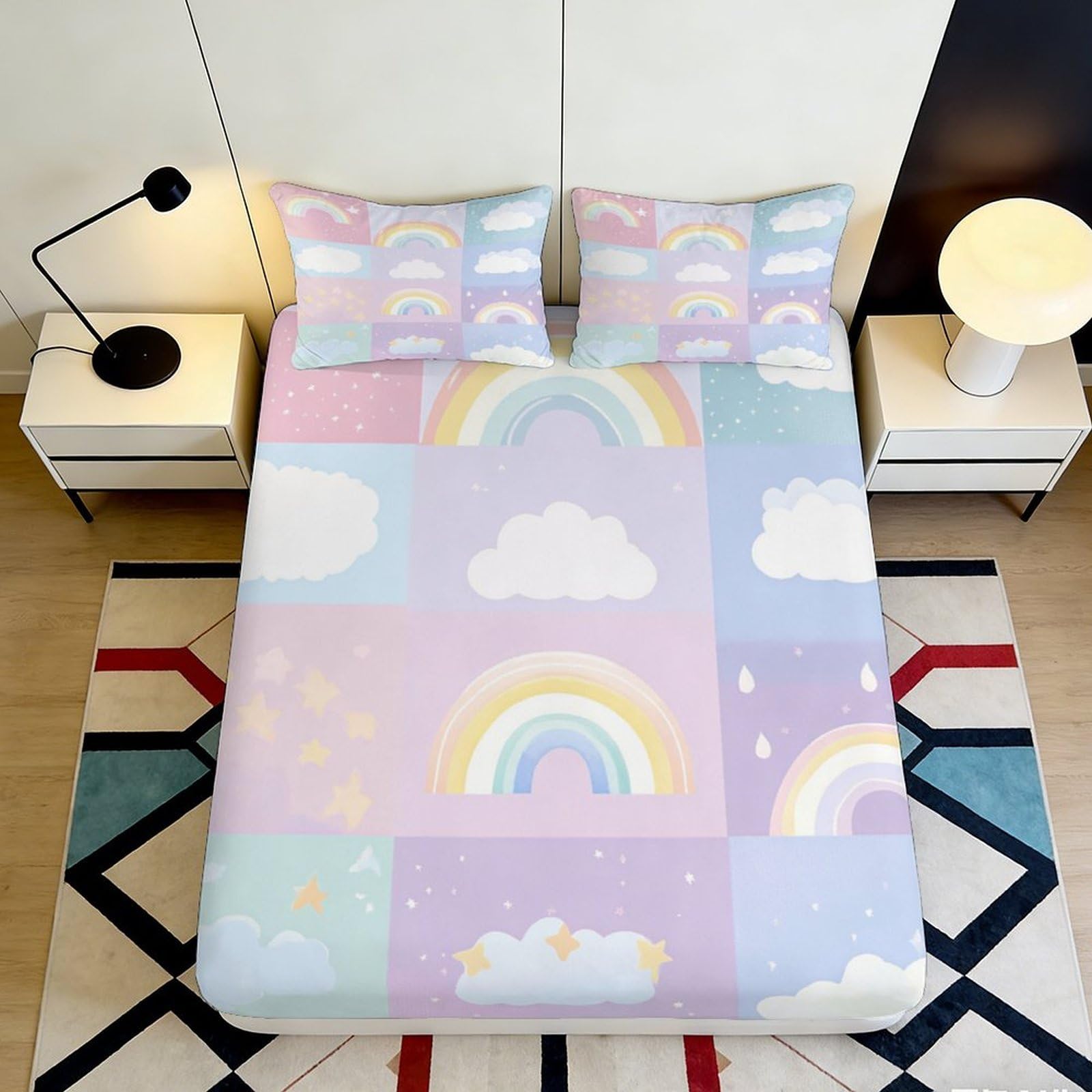 3D Printed Rainbow Cloud Fitted Sheet Microfiber Soft Pastel Bed Cover for Bedroom Dorm Mattress Protection Decor 120x200x25cm