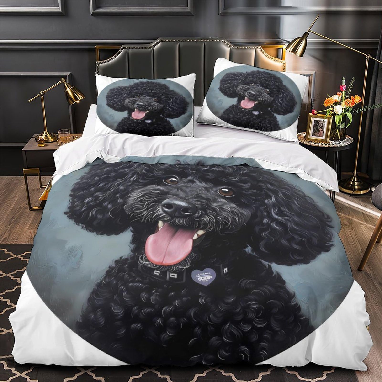 YVASPQRTW Black poodle portrait 3D Printed Comforter Cover 3pcs Microfibre Stain-Resistant Duvet Insert Cover 2 Pillow Shams Zippered Closure Bed Linen Adults & Families Double（200x200cm）