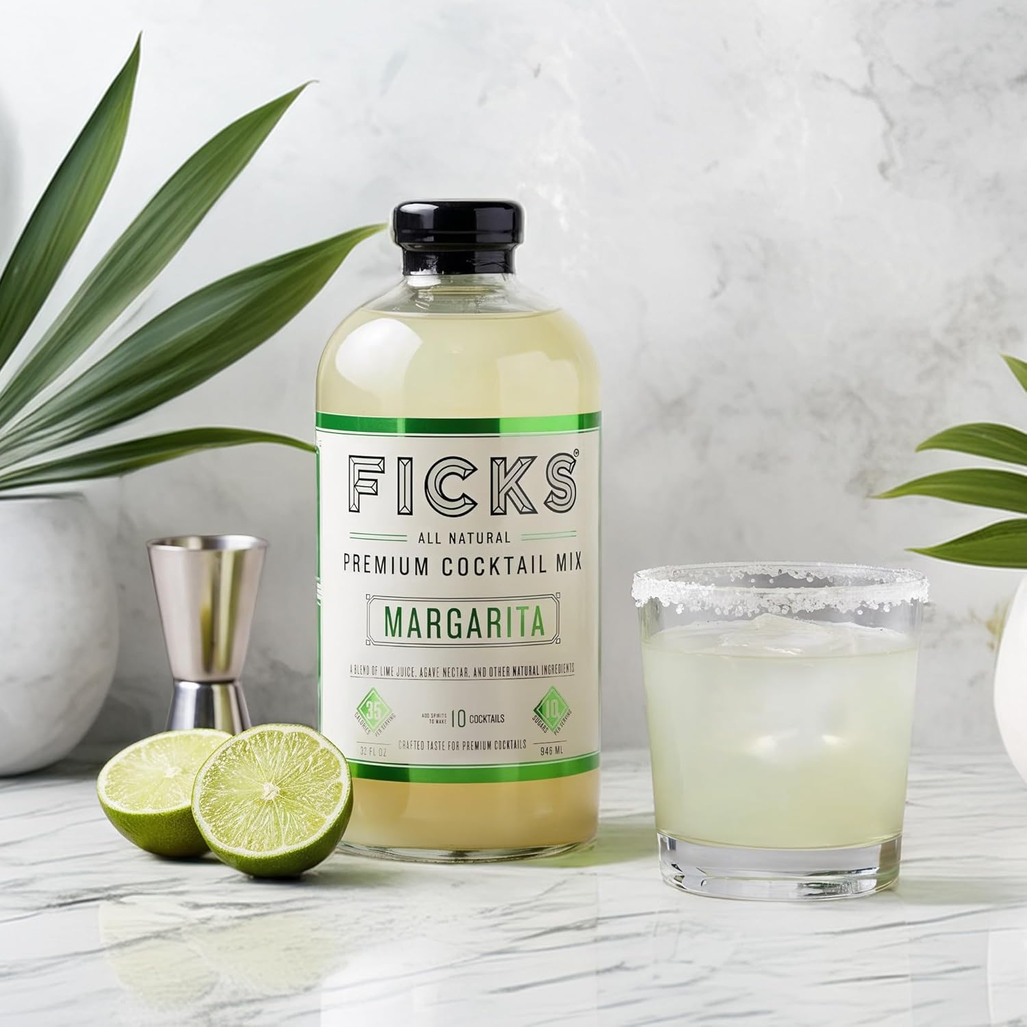 Ficks Margarita Premium Cocktail Mix (3-Pack) - Real Lime Juice & Agave Makes 10 Drinks per Bottle, All Natural, Low in Sugar & Calories - Perfect with Tequila or Mezcal