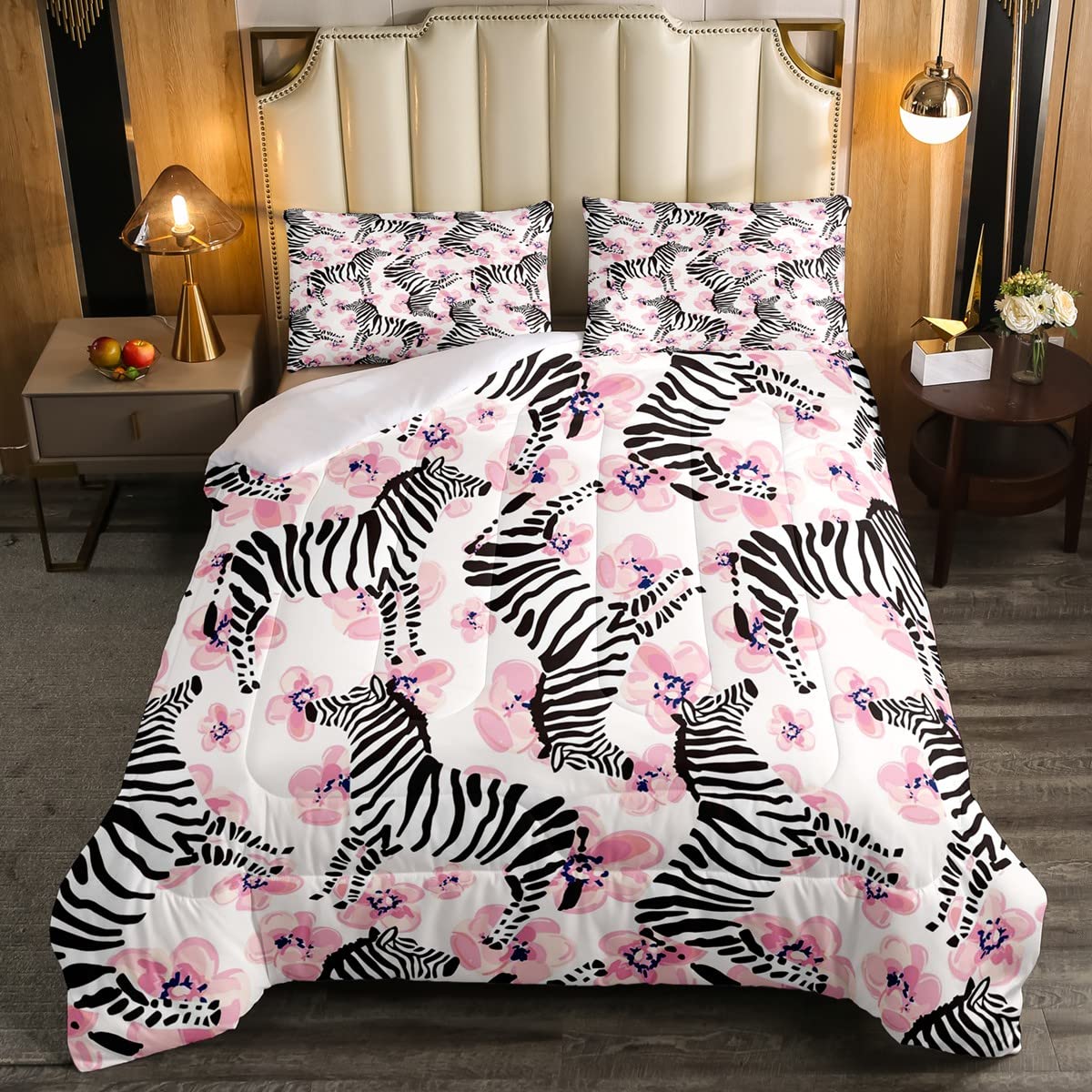 Loussiesd Zebra Zebra Pink Floral Bedding Set for Kids Girls Wild Animal Botanical Floral Quilt Set Single Size