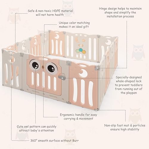 Vista 9 de Costzon Corralito plegable para bebés, cerca de 14 paneles con puerta de bloqueo, almohadillas de goma y bases de goma antideslizantes, valla