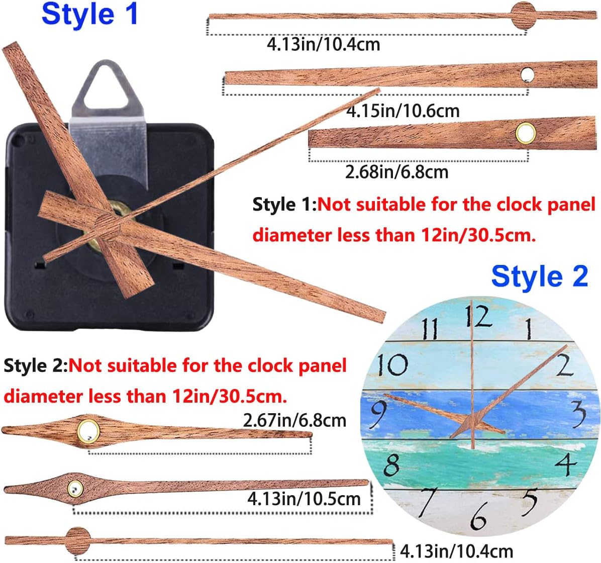 4 Pack Non Ticking Wall Clock Movements Mechanism with 4 Styles of Walnut Wood Clock Hands Quartz Motor Kit Battery Operated DIY Repair Parts Replacement Clock Accessories Fit for 12 Inch Clock