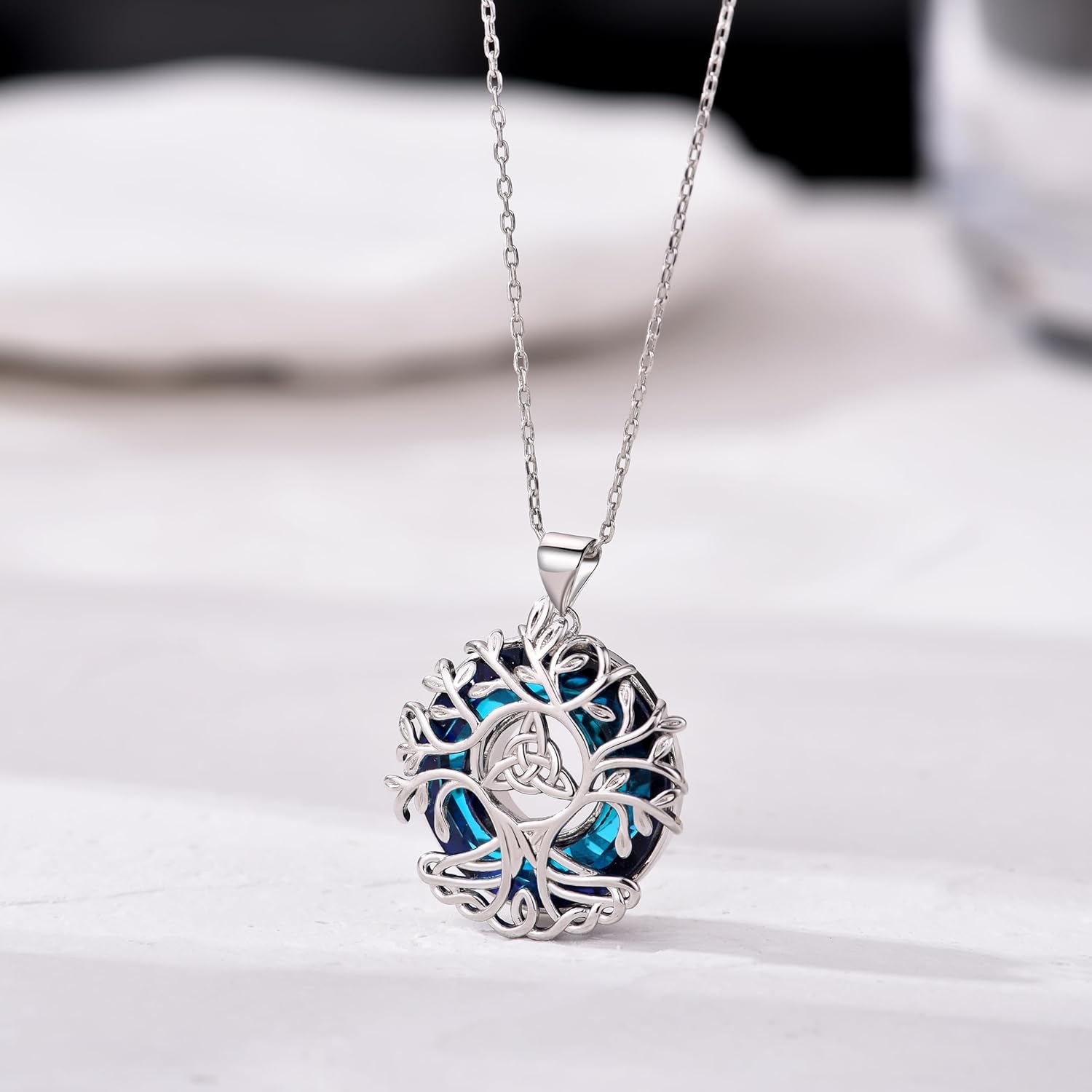 Tree of Life Pendnat Sunflower/Celtic Necklace with Blue Crystal Tree Jewelry Gifts for Women - Image 4