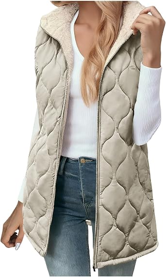 Long Sherpa Vest for Women Sleeveless Puffer Jacket Reversible Fleece Hoodie Vests Warm Winter Zip up Coats Outerwear Warm Jackets for Women