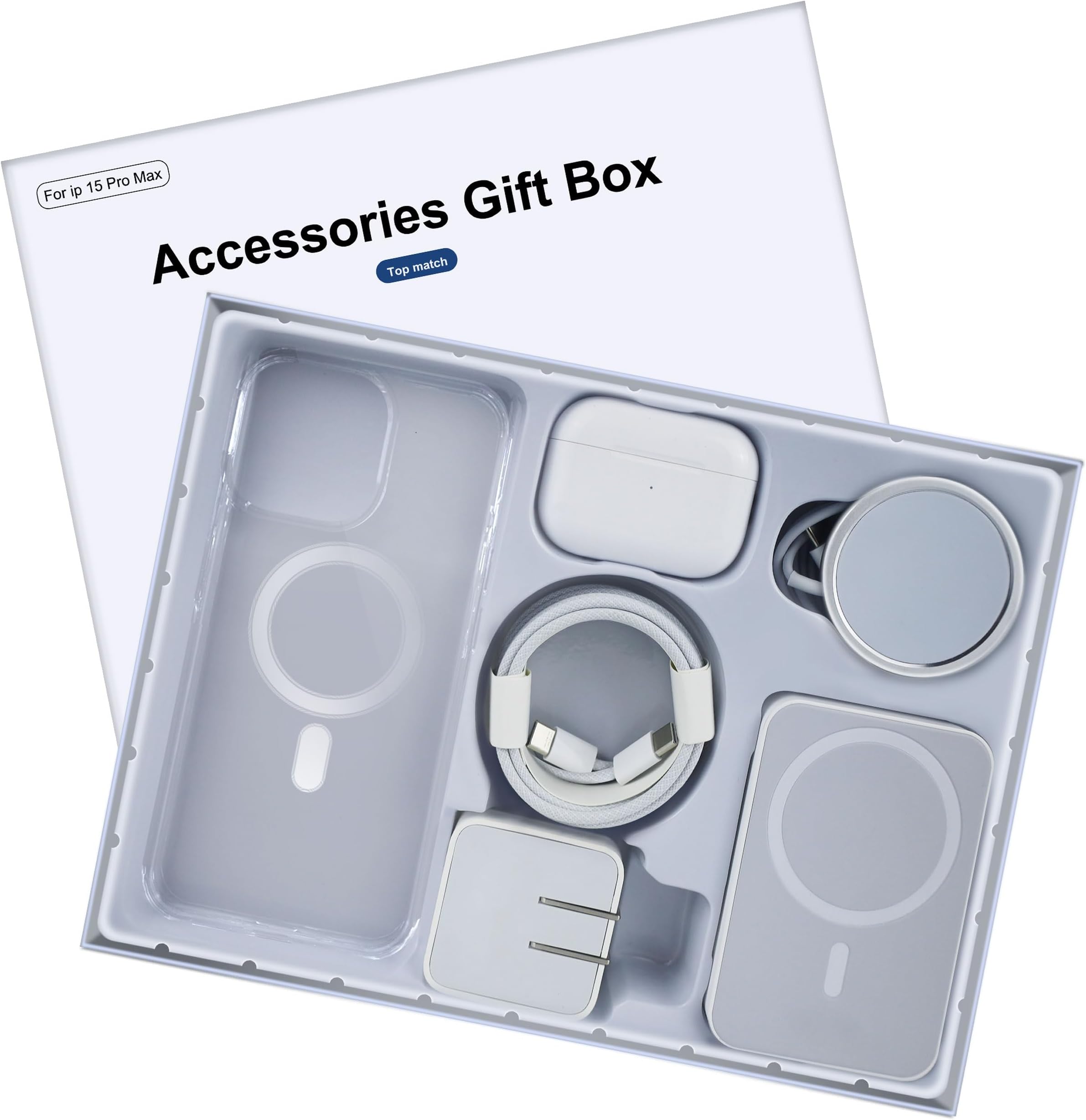 6 Pack Accessories Gift Box Kit Includes Bluetooth Headphones, PD Fast Charger with Cable, Crystal Clear Magnetic Case, Magnetic Charger & Wireless Compatible for iPhone 15 Pro Max 6.7"