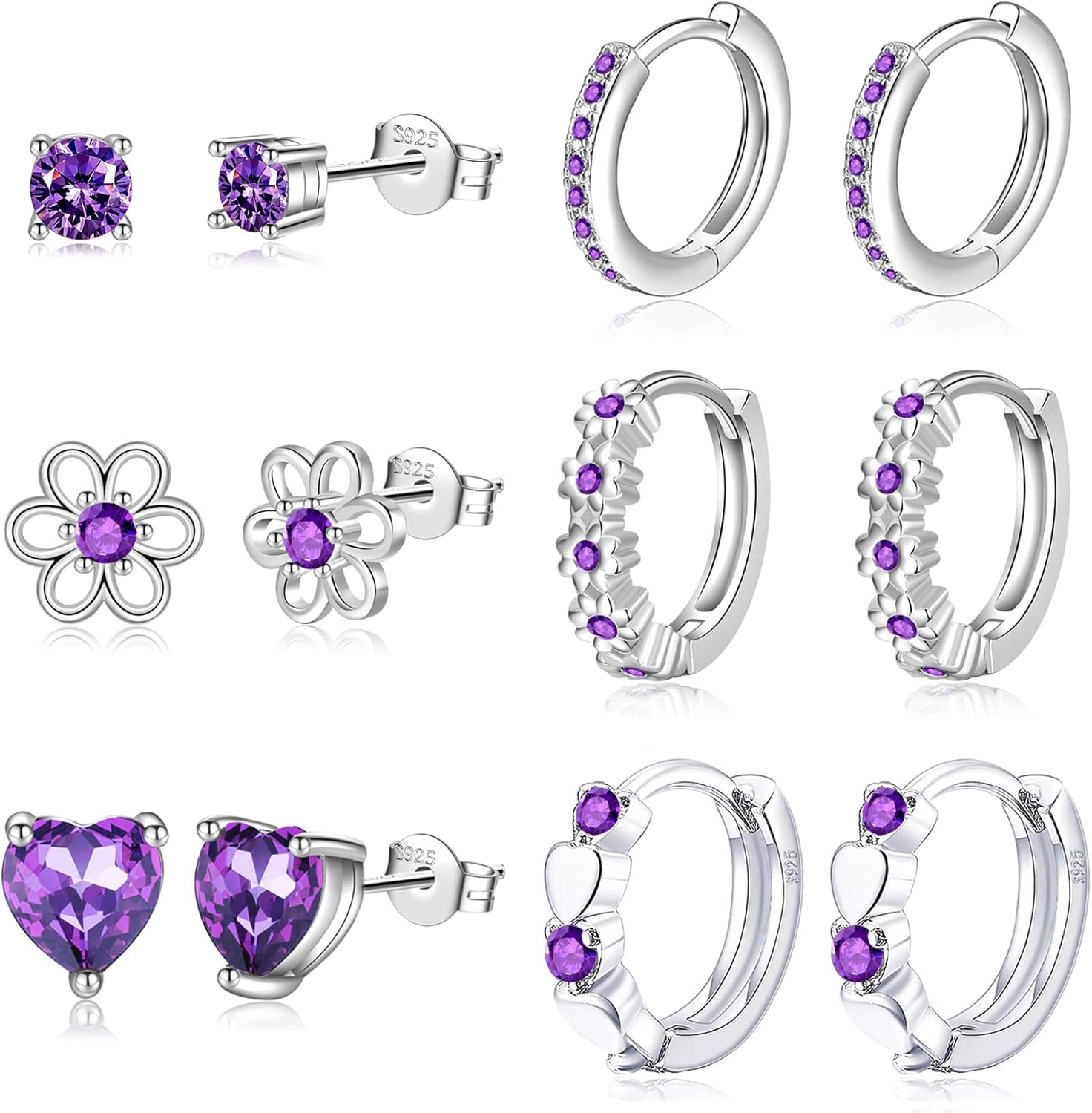 6 Pairs Huggie Hoop Earrings 925 Sterling Silver Stud Sets Cute Heart Hoops Tiny Cubic Zirconia Flower Stud Small Hypoallergenic Cartilage Sleeper Earrings