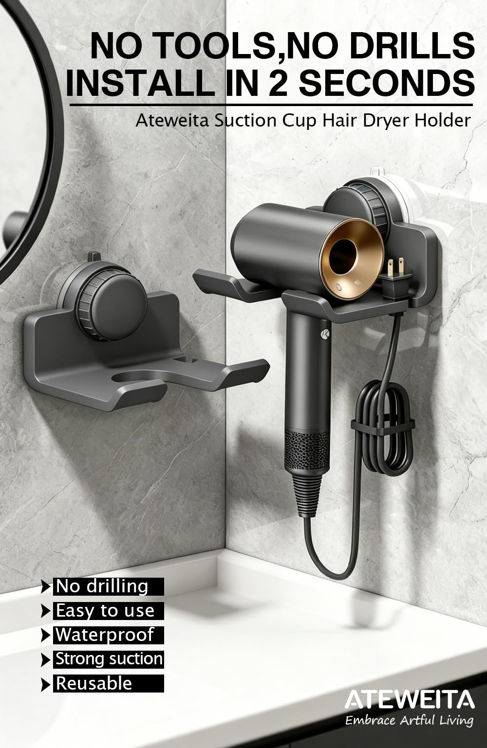 Saugnapf Föhn Halterung ohne Bohren | Fönhalter für Badezimmer, verstellbare Haartrocknerhalter mit starkem Halt für Mieter, Universeller Hair Dryer Holder