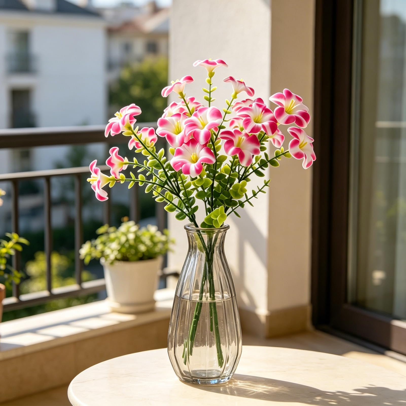 Quoravel 7 Stems UV Resistant Artificial Morning Glory, Realistic Faux Silk Flowers for Outdoors, Fake Plants for Porch Patio Balcony Planter Yard Pink