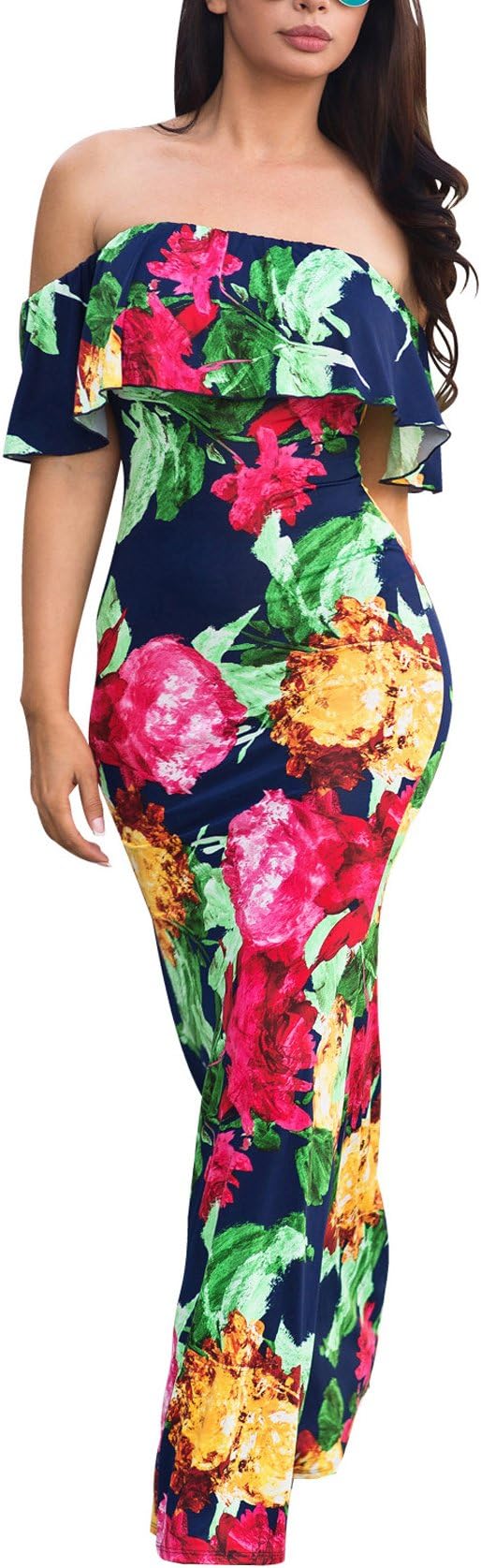 Suimiki Vintage Ruffle Plain Floral Printed Off Shoulder Bodycon Long Party Maxi Dress