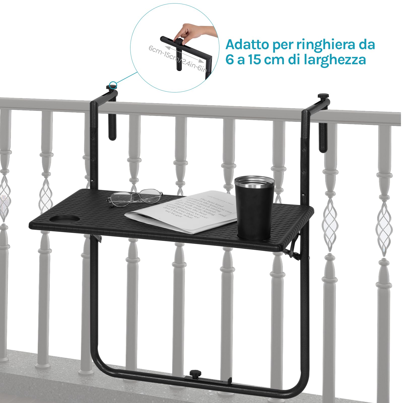 WOLTU Tavolino Pieghevole da Balcone Regolabile in 3 Altezze, Tavolo Sospeso per Ringhiera, Rattan, Nero