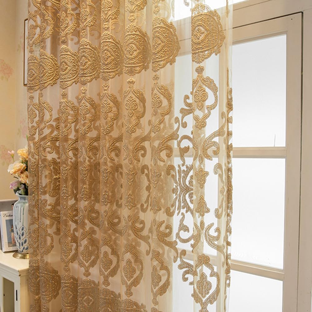 European Golden Flower Embroidery Sheer Curtains Villa Luxury Grommet Top Voile Drape for Living Room Curtain Panel Tulle Home Decor 52 inch Wide by 102 inch Long 1 Set of 2 Panels