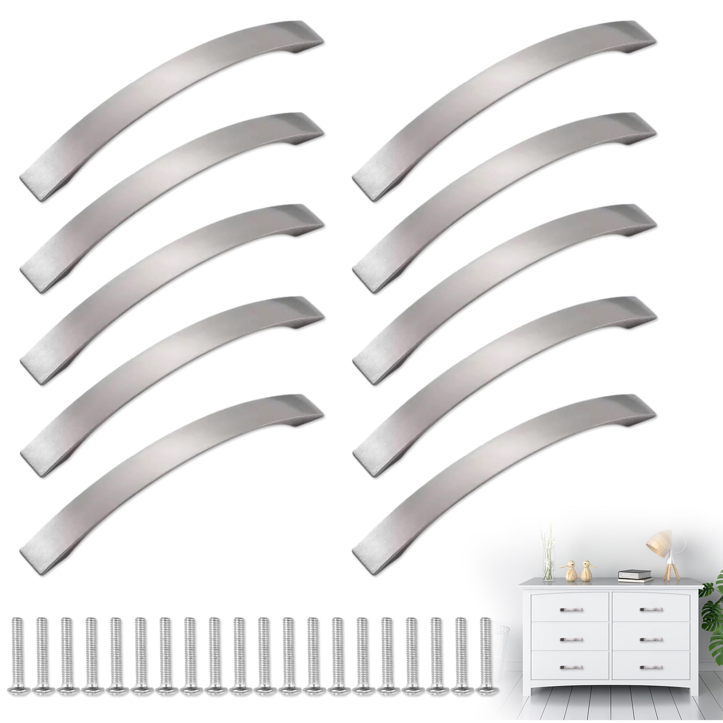 Jnyuteen Silver Furniture Handles, Pack Of 10 Cabinet Handles With 96 Mm Hole Spacing And 20 Screws, Aluminium Cabinet Handle Cabinet Door Handles Drawer Handles For Kitchen Cabinet Drawers