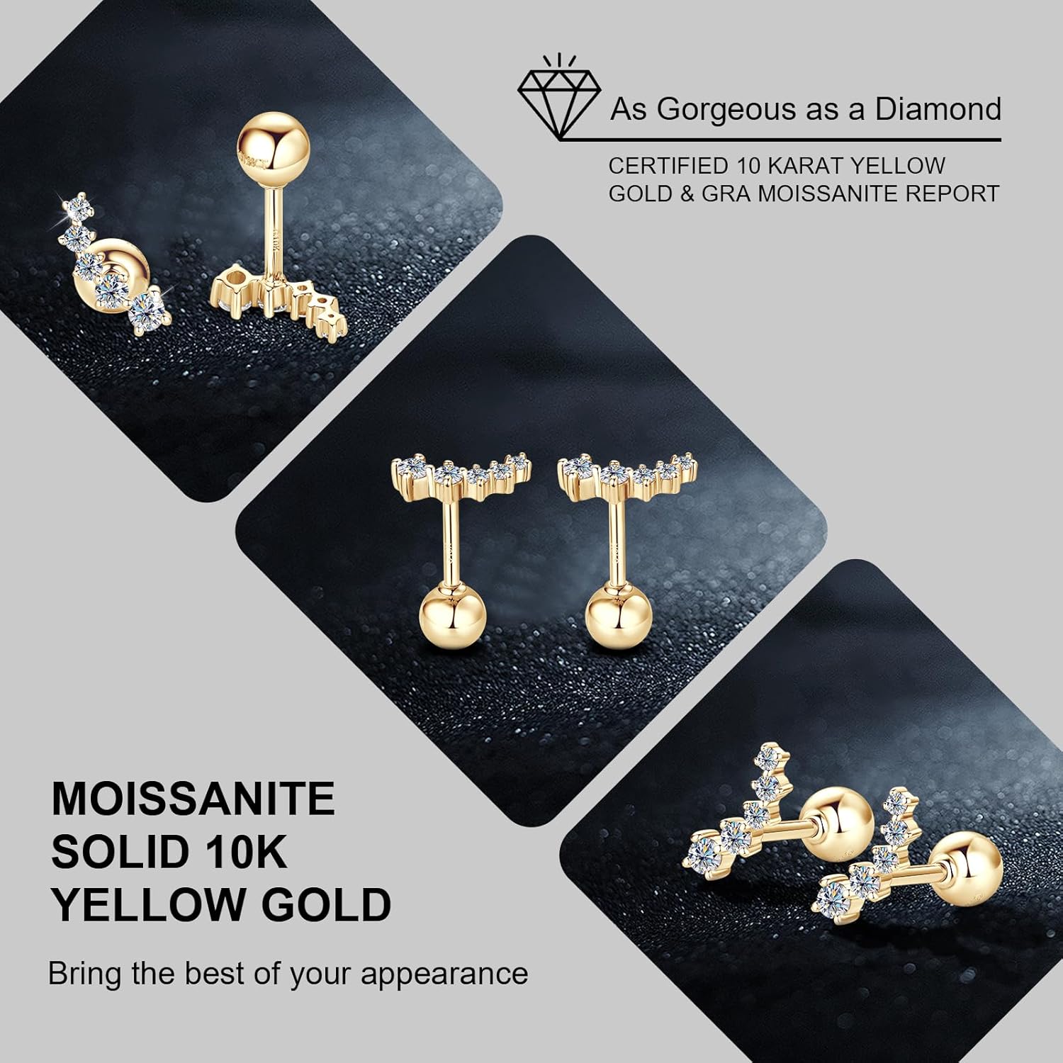 Solid 10K Yellow Gold Ball Stud Earrings, Tiny Moissanite Earrings Real 10K Gold Dainty Screw Ball Back Small Studs Dangle Earring for Womem Men, Cartilage Helix Tragus Piercing Jewelry Gifts, 1 Pair