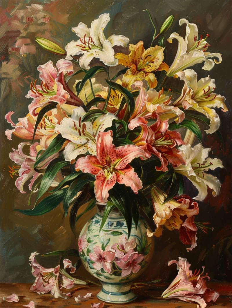 JWPSHIJIE 5D DIY Diamond Art Painting Kits for Adults Kids, Bouquet of Lilies in Vase,Q,30 * 40cm Full Drill Embroidery Cross Stitch Crafts Pictures, Canvas Crystal Rhinestone Diamond Paints Kits