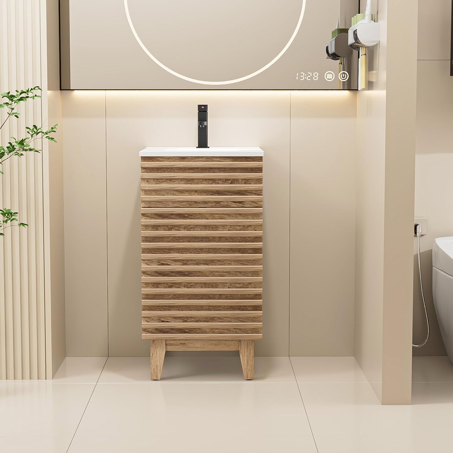 LUCKWIND 18" Bathroom Vanity with Sink Combo, Mid-Century Storage Cabinet with Wood Stripes, Ceramic Sink and Water Saving Faucet, Walnut