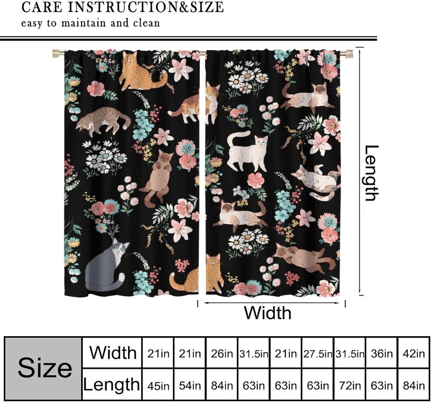 Cartoon Cat Curtains, Colorful Black Pink Blue Flowers Plants Lovely Cats Floral Print Blackout Window Treatments for Kids Boys Girls Bedroom Livingroom Kitchen, 42" W X 45" L