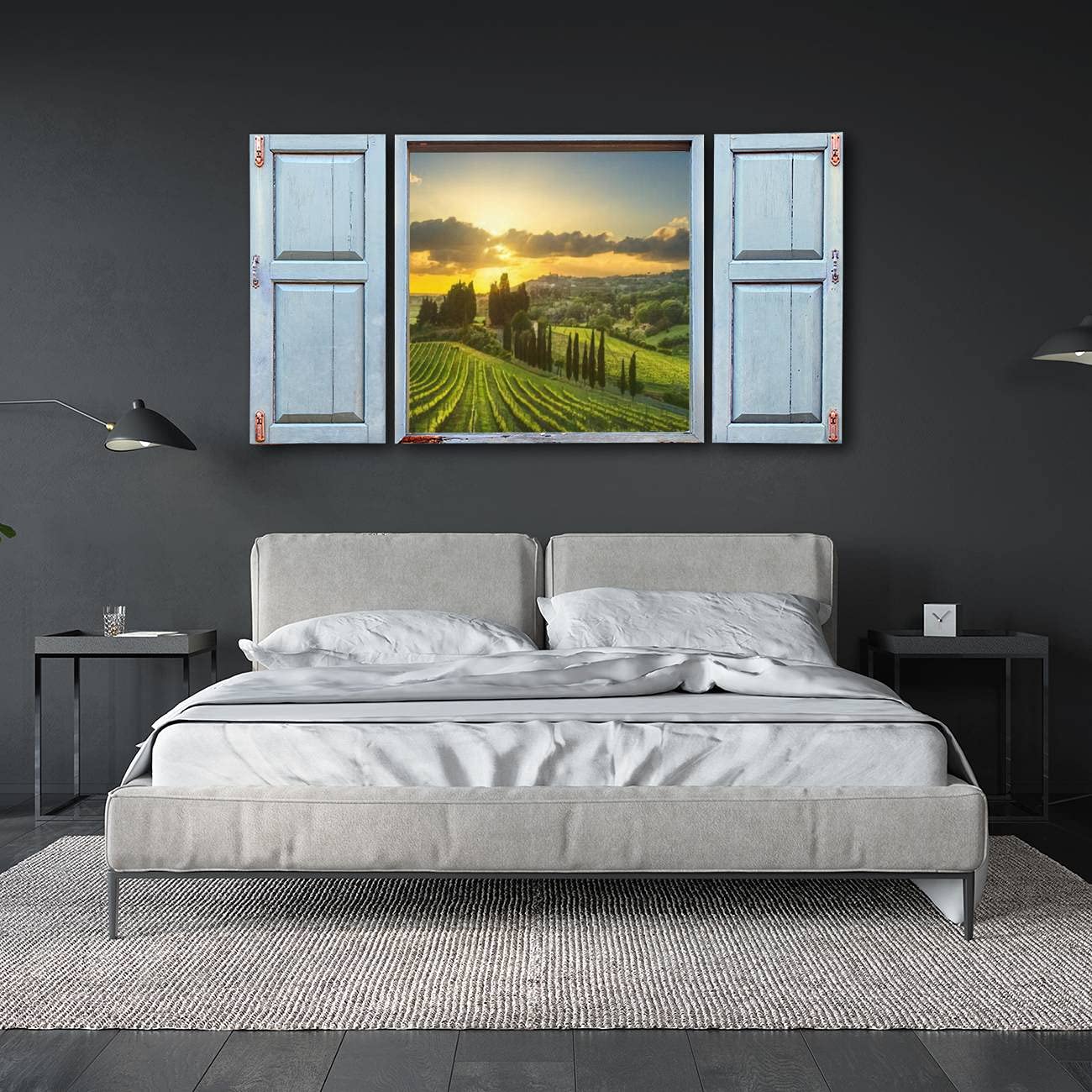 Old Window Frame Style Wall Art 3D Casale Marittimo village vineyards and countryside landscape in Canvas Printed Window Frame Wall Art for Office, Living Room, Bedroom Home Decor