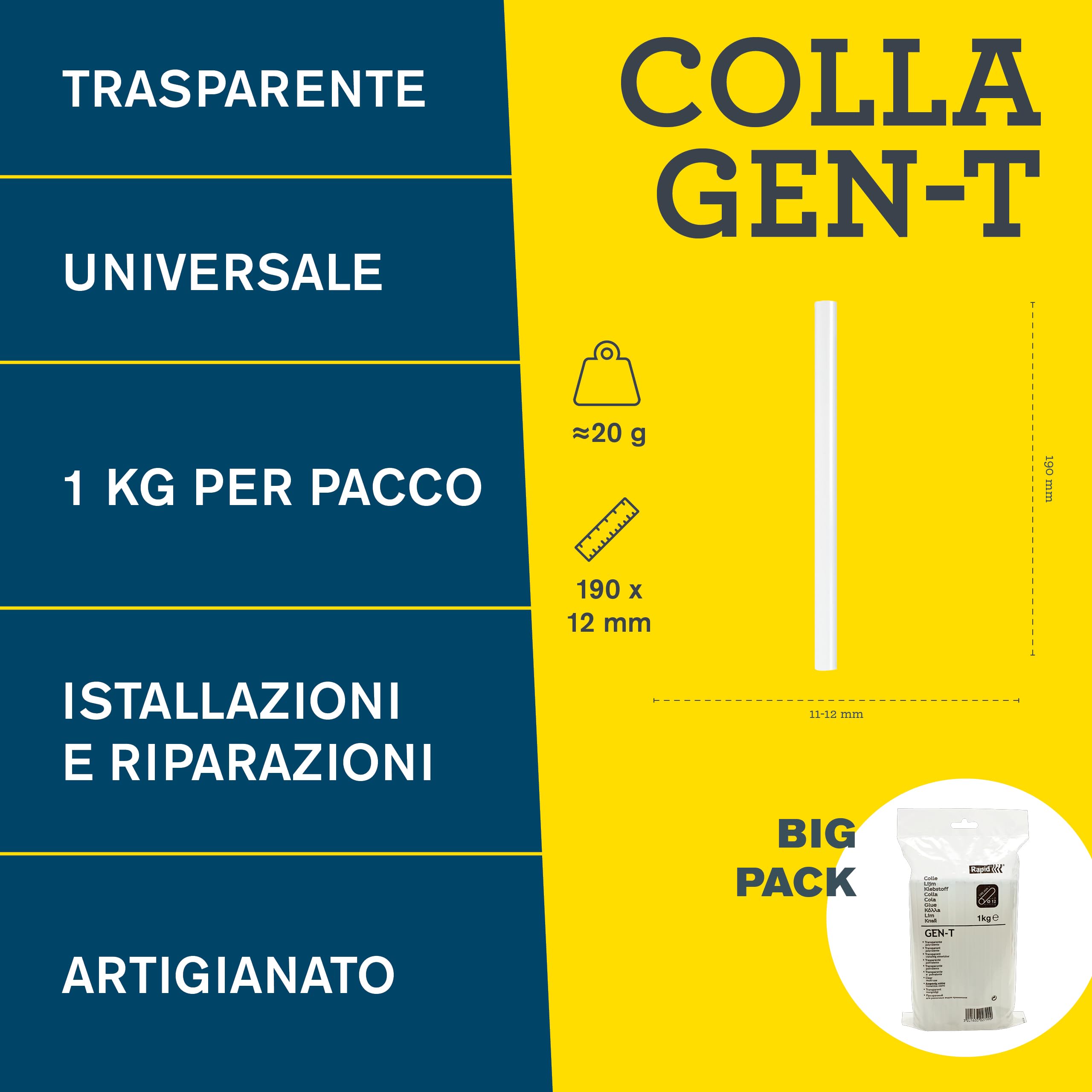 Rapid Stick di Colla da 12 mm Trasparenti Universali GEN-T, ad Alto Contenuto di Resina per una Vasta Gamma di Applicazioni Professionali, Confezione da 12 Stick da 190 mm, 40302799