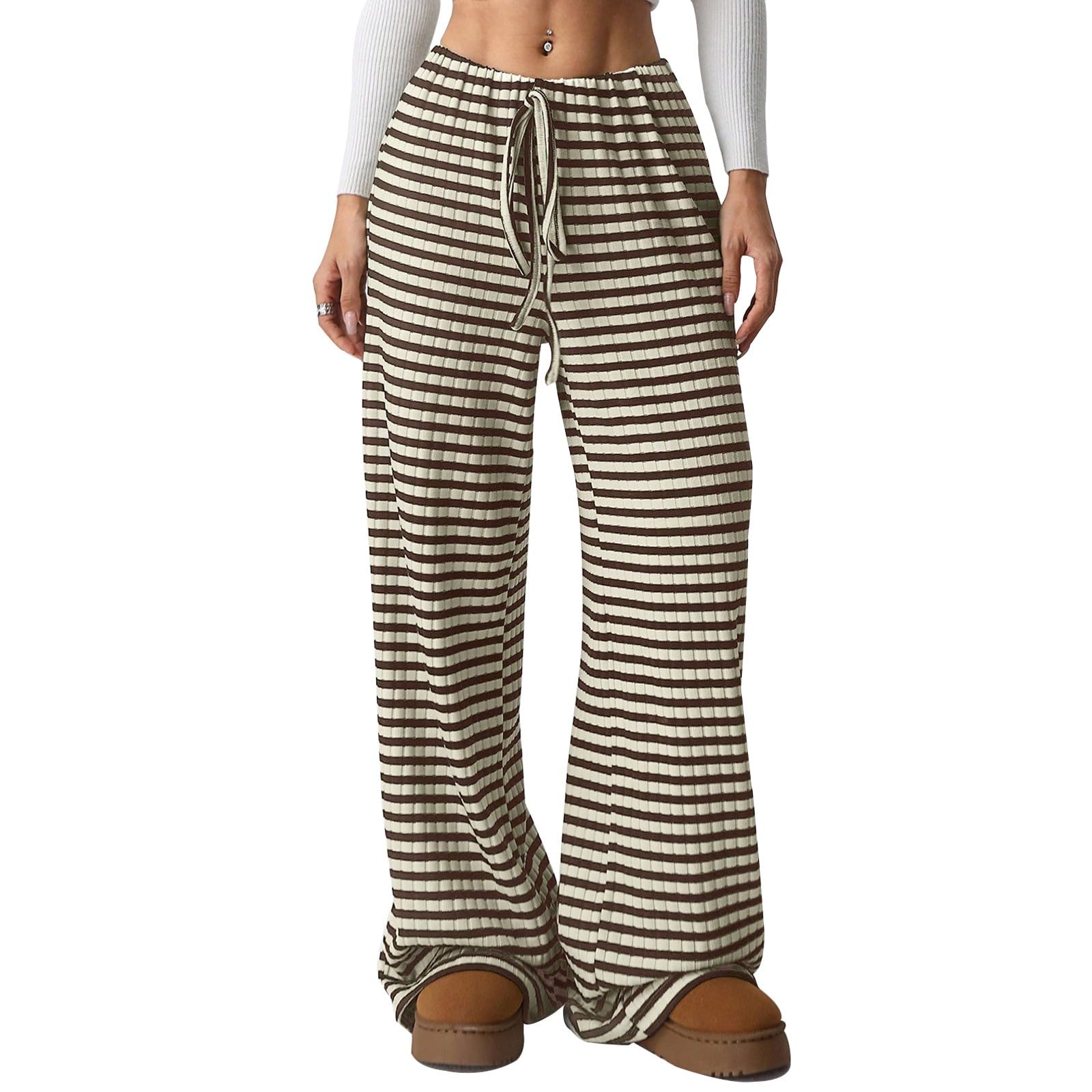 Wowcarbazole Womens Wide Leg Pants Striped Elastic High Waisted Casual Knit Palazzo Pants Drawstring Lounge Pajama Trousers