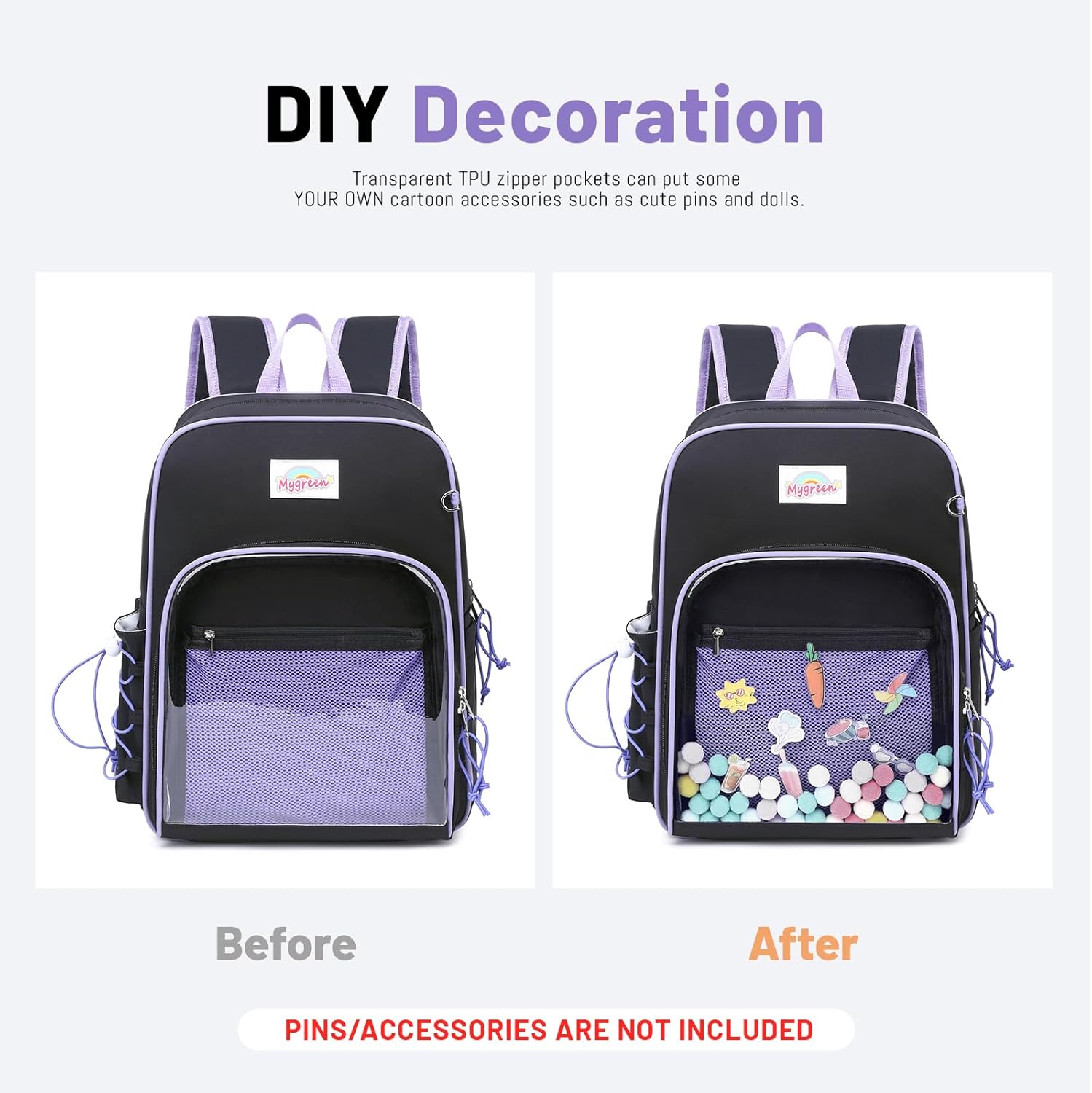 mygreen Cute DIY Kids Backpack - Personalize with Ornaments! Large Capacity, Waterproof, Lightweight for School & Travel (Fits 14" Laptop) - Primary School Bag Light Green