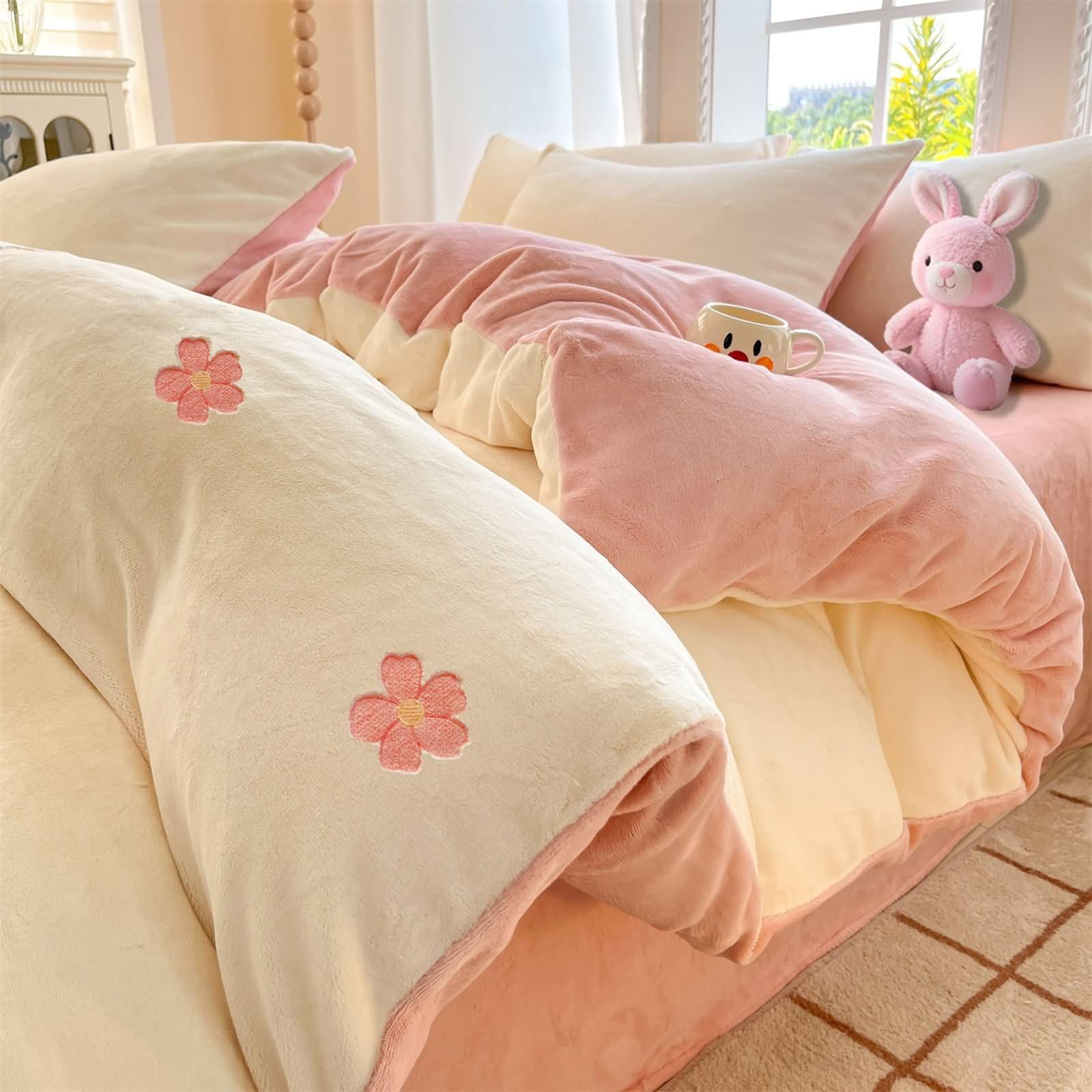 Kit lit velours 4 pcs drap housse 150x200 housse couette 200x230 fleurs