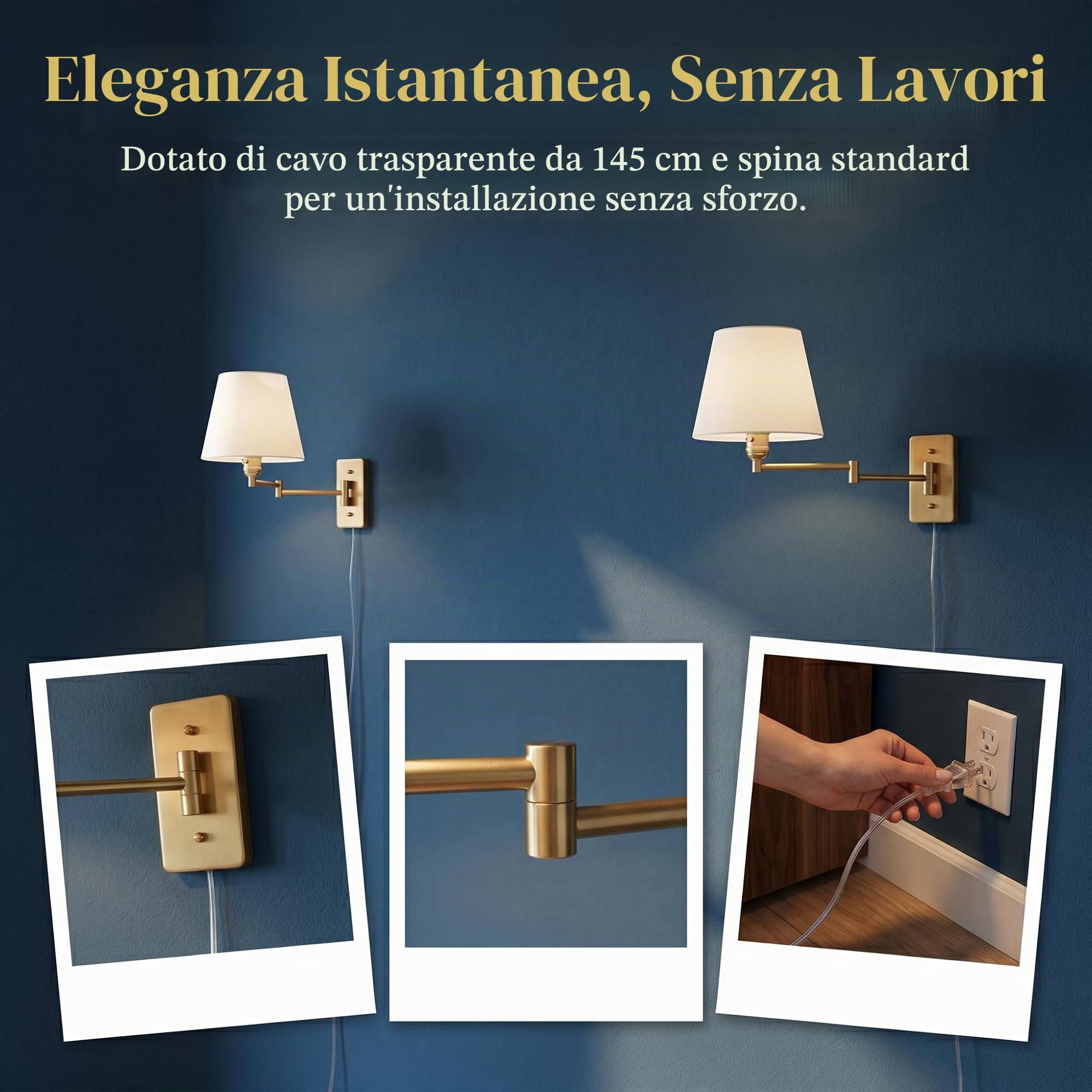 Lampada da parete "Clark" con braccio articolato e spina - E27
