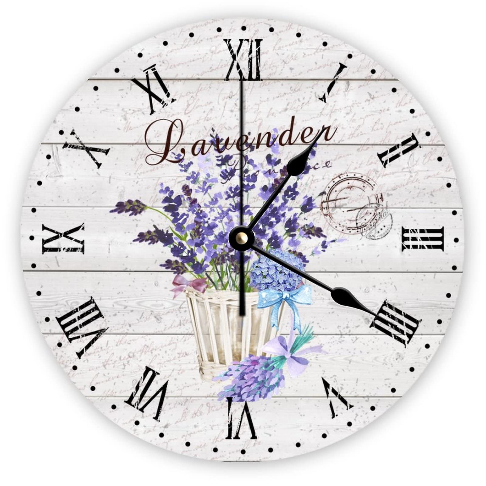Horloges murales à quartz retro de 38 cm avec des chiffres romains et motif lavande