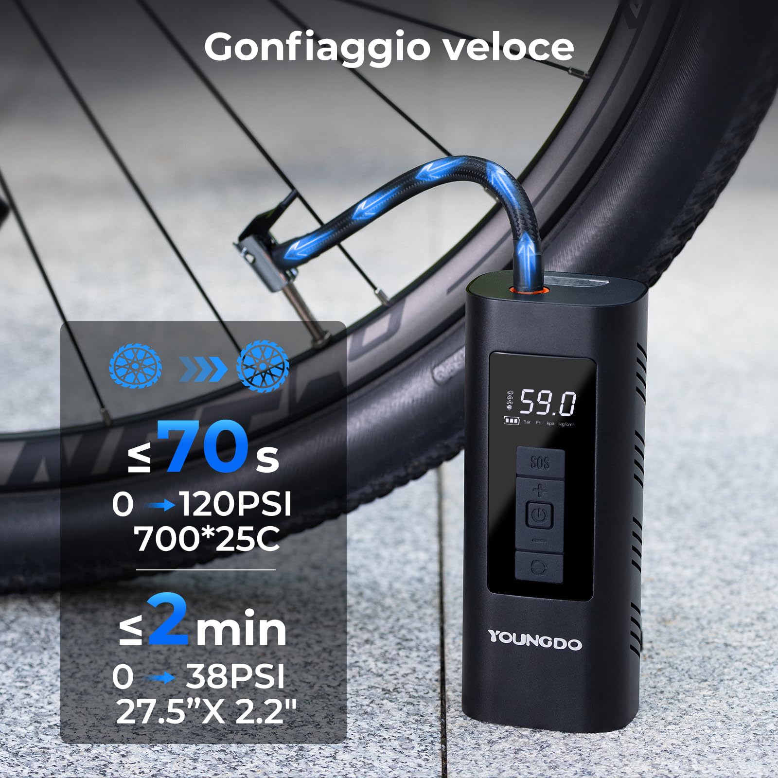 YOUNGDO Pompa per Bicicletta 150PSI, Mini Compressore Aria Portatile 6000mAh, Pompa Elettrica per Bicicletta, Pompa ad Aria per Bicicletta con Lampada LED, per Bici, Moto, Palle