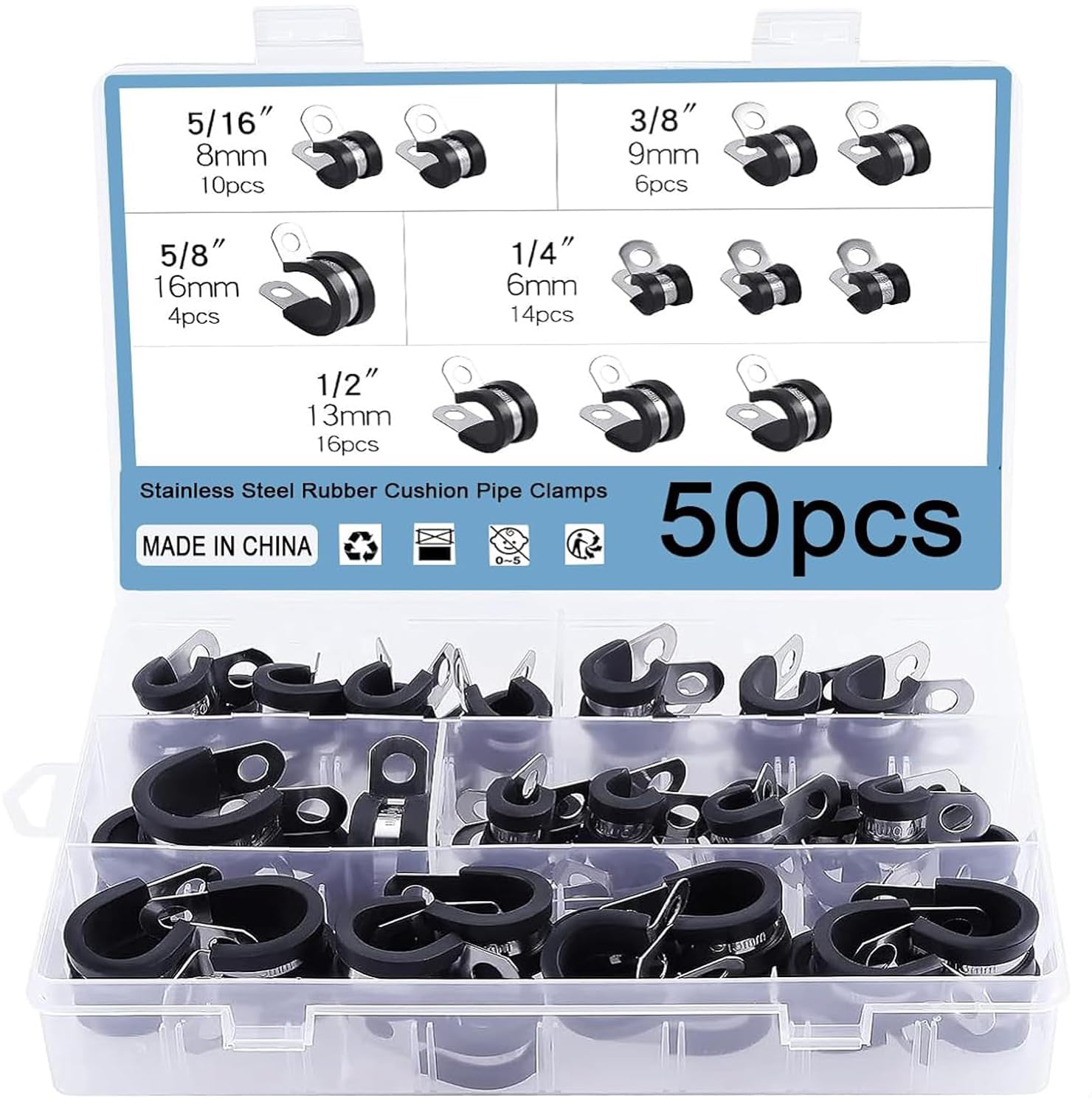 66 Pezzi Fascette Per Tubi In Acciaio Inox 304 - Con Cuscinetto In Gomma, Set Multimisura (6-25mm) - Foto 3