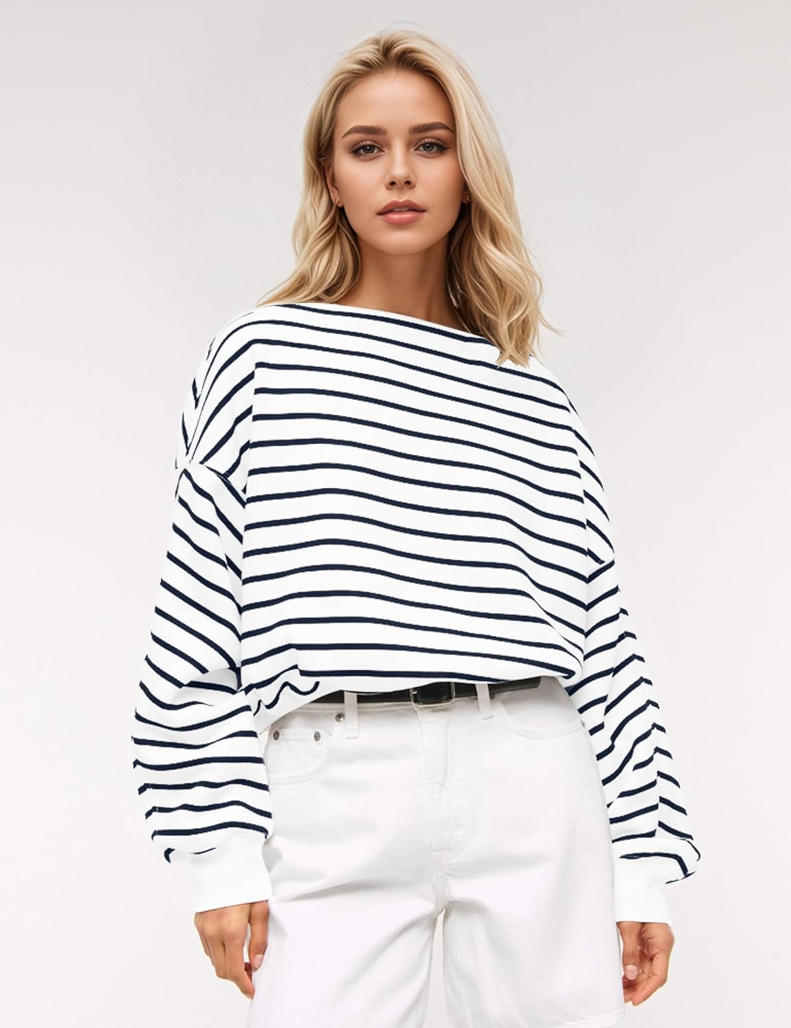 MISSACTIVER Women’s Oversized Boat Neck Striped Sweatshirt Long Sleeve Casual Pullover Color Block Shirt Fall Boxy Top - Image 3