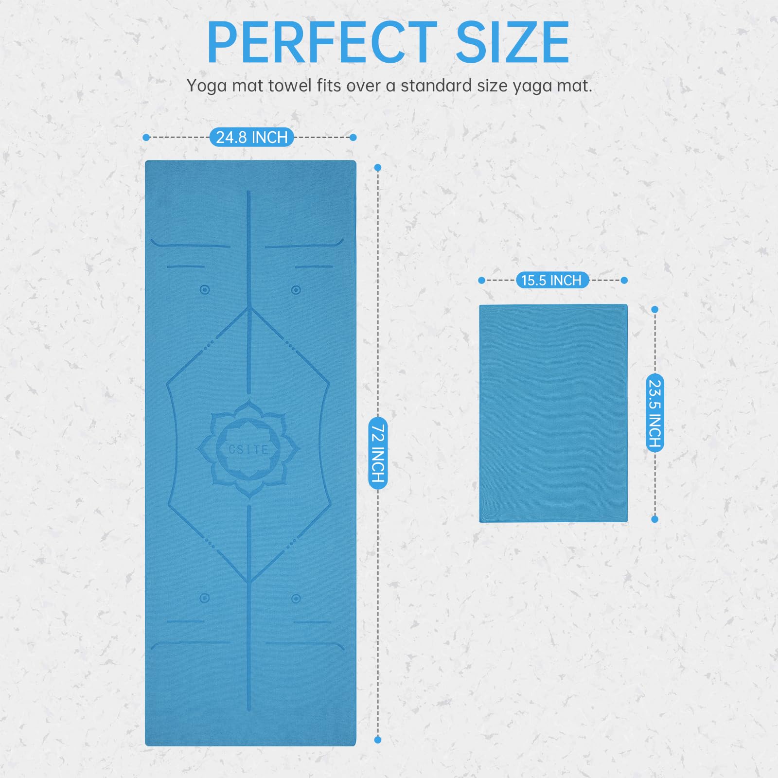 CSITE Toalla para esterilla de yoga con puntos de agarre de silicona y diseño rectangular, toalla antideslizante con línea de alineación + 1 toalla de mano, 72 x 24 pulgadas, azul oscuro