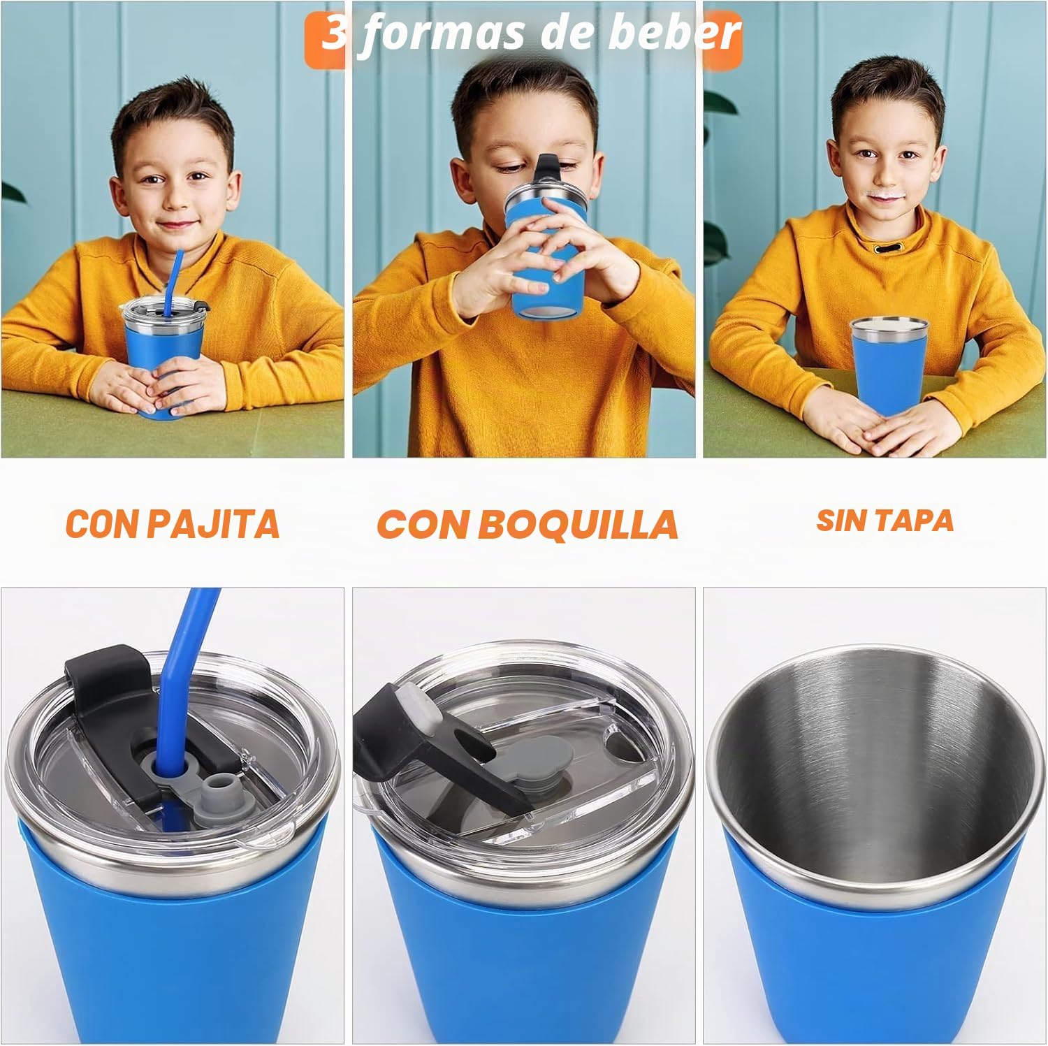 KAHEIGN 6 Piezas Vasos de Acero Inoxidable con Tapas y Pajitas, 360ml Niños Vaso Irrompible Taza de Viaje Reutilizable Taza para Café Helado con Silicona Fundas Extraíbles para Bebidas Frías Calientes