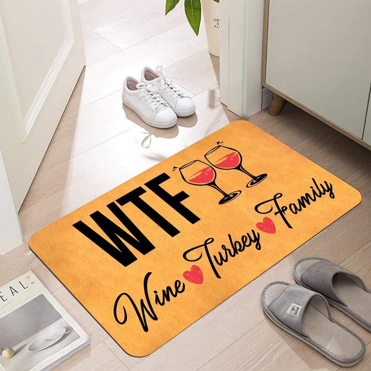 Funny Welcome Doormat Home Decor Rugs for Entrance Way Indoor Anti-Slip Rubber Back 30x18inch Front Porch Mats for House Warming (WTF Wine Turkey Family)