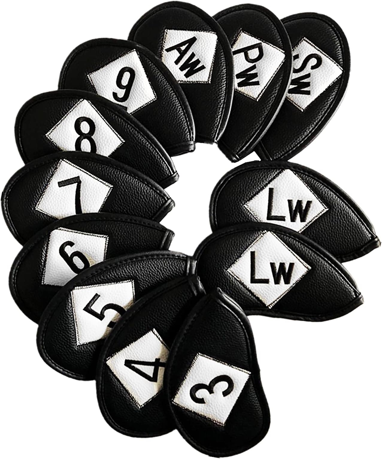 Golf Head Covers Iron Set 12 Piece 3 4 5 6 7 8 9 Lw Pw Sw Aw for Both Left and Right Handed, Leather Irons Club Headcovers Deluxe Color Black Blue Red Universal Fit Nike Titleist Callaway Ping