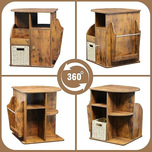 Miniatura 7 de TooCust Mesa auxiliar giratoria con almacenamiento, mesa auxiliar giratoria para sala de estar, mesa auxiliar con soporte para revistas, cesta y