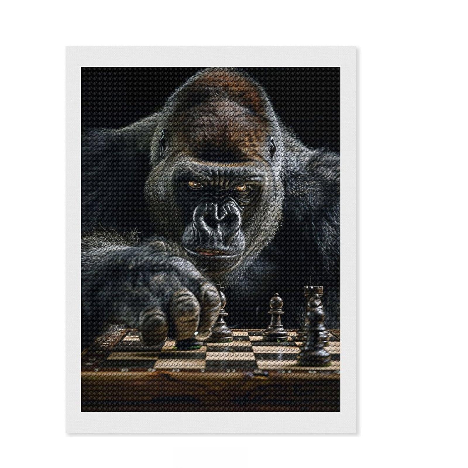 Junmoney Gorilla Chess Diamond Art Canvas 12"x16", Adhesive Canvas, Living Room Decor, for Family Craft Time, Thoughtful Handmade Gift